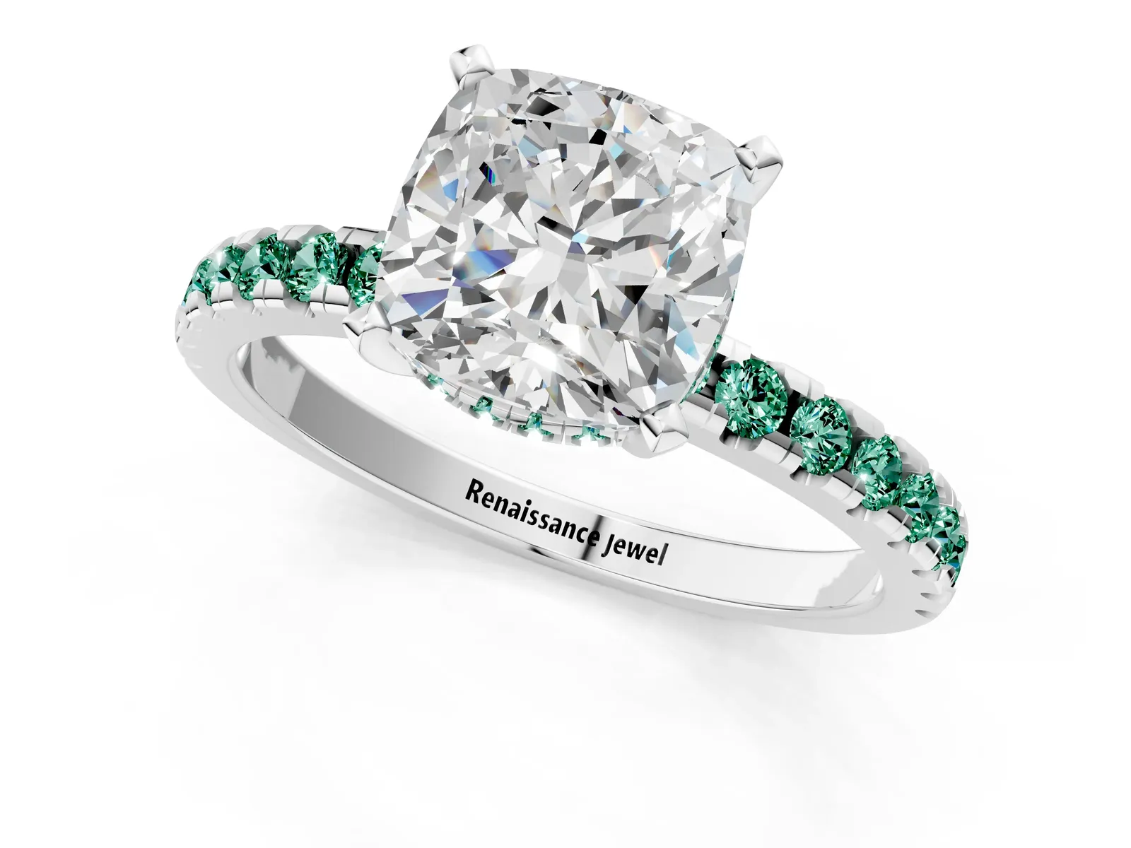 Cushion Cut Diamond Solitaire Ring with Round Green Sapphire Pavé Band and Four-Prong Setting Platinum