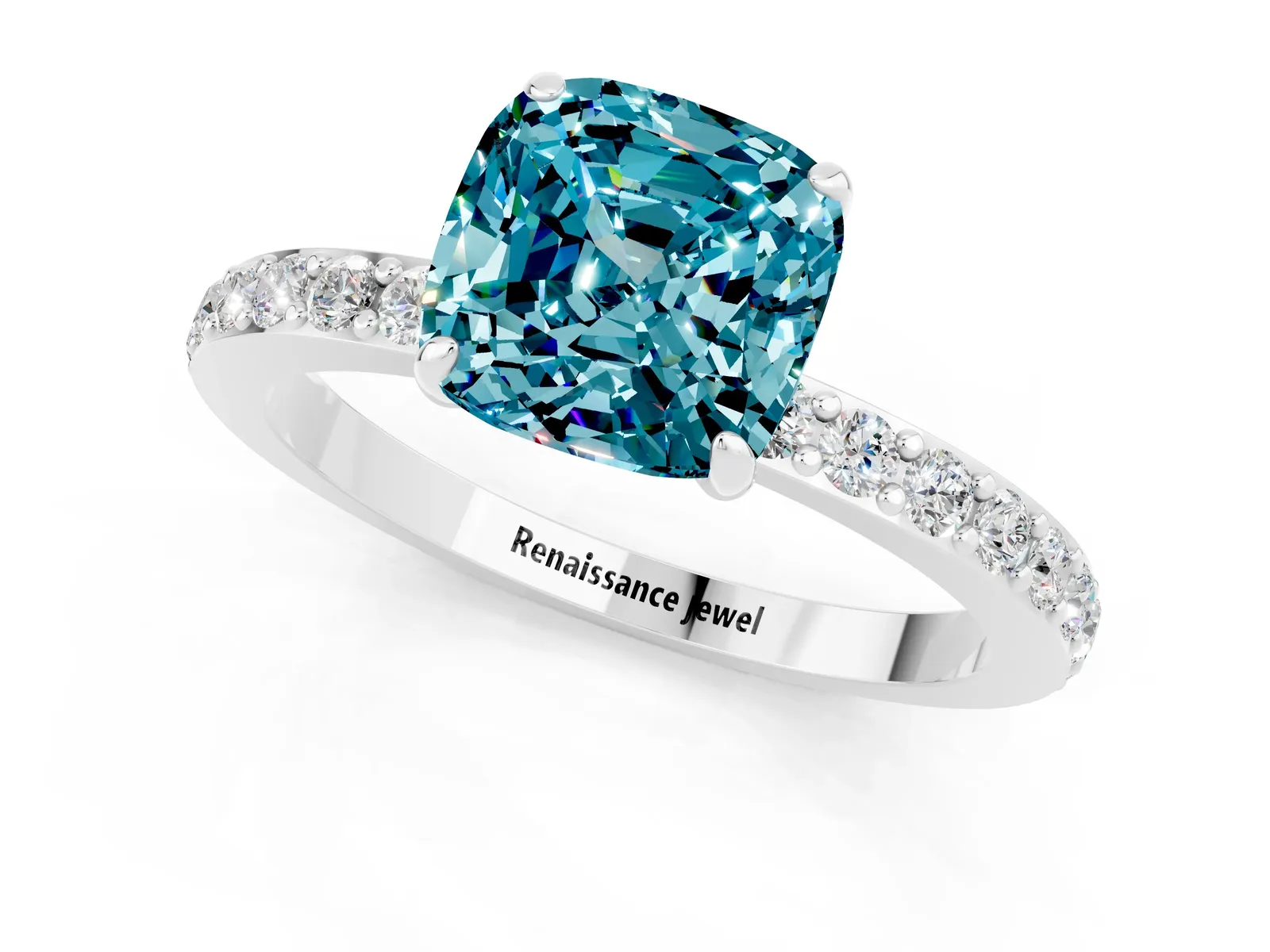Cushion Cut Blue Topaz Solitaire Engagement Ring with Pavé Band and Four-Prong Setting Platinum