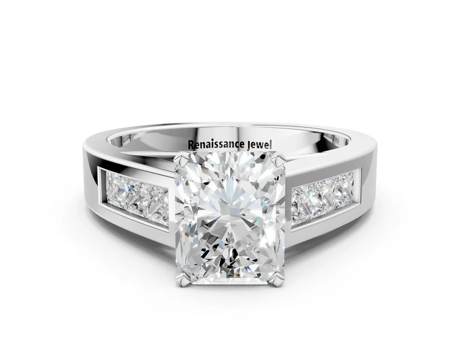 Radiant Cut Cut Channel Set Solitaire Ring with Four-Prong Setting Platinum