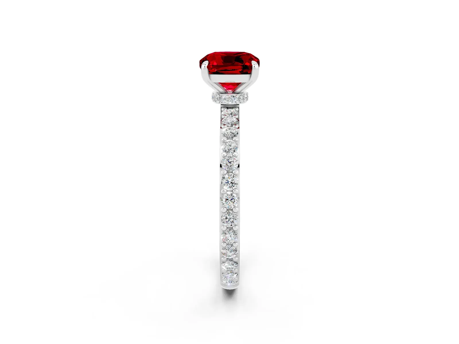 Cushion Cut Ruby Solitaire Engagement Ring with Pavé Band and Four-Prong Setting Platinum
