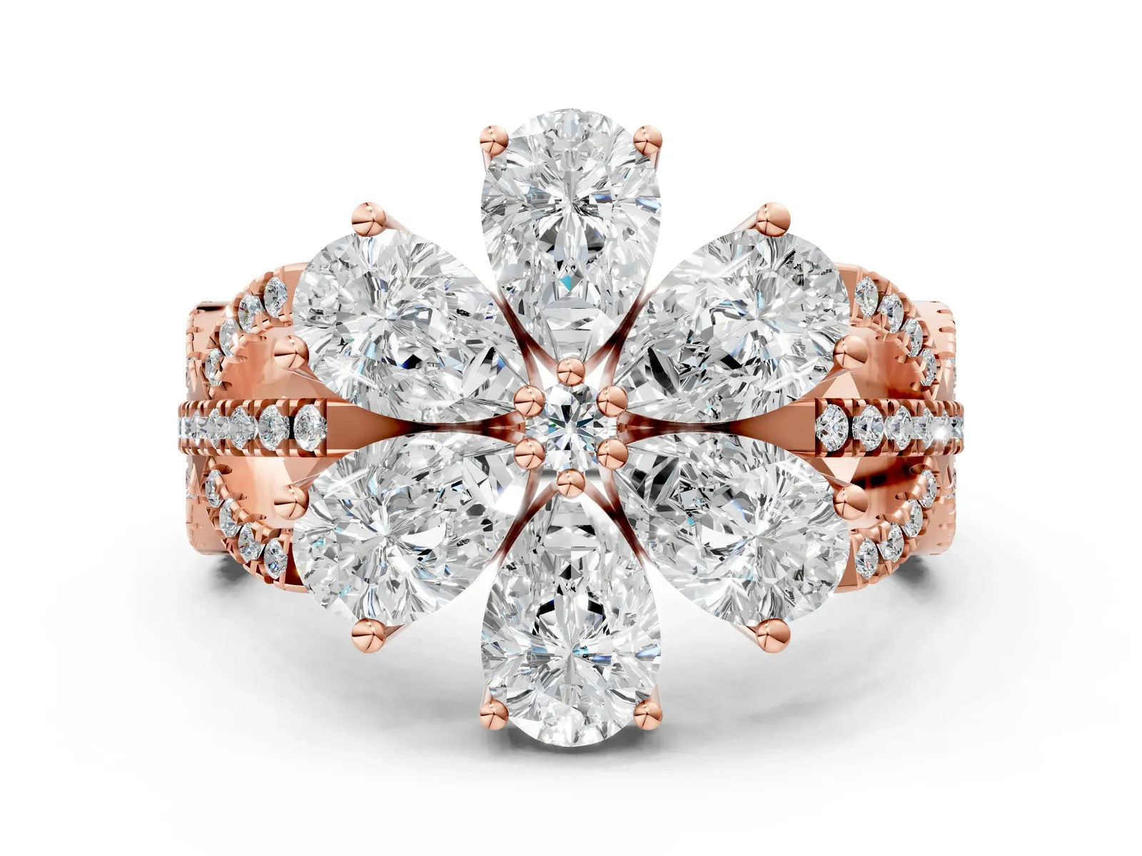 Pear Diamond Floral Ring with Round Diamond Accents Rose gold