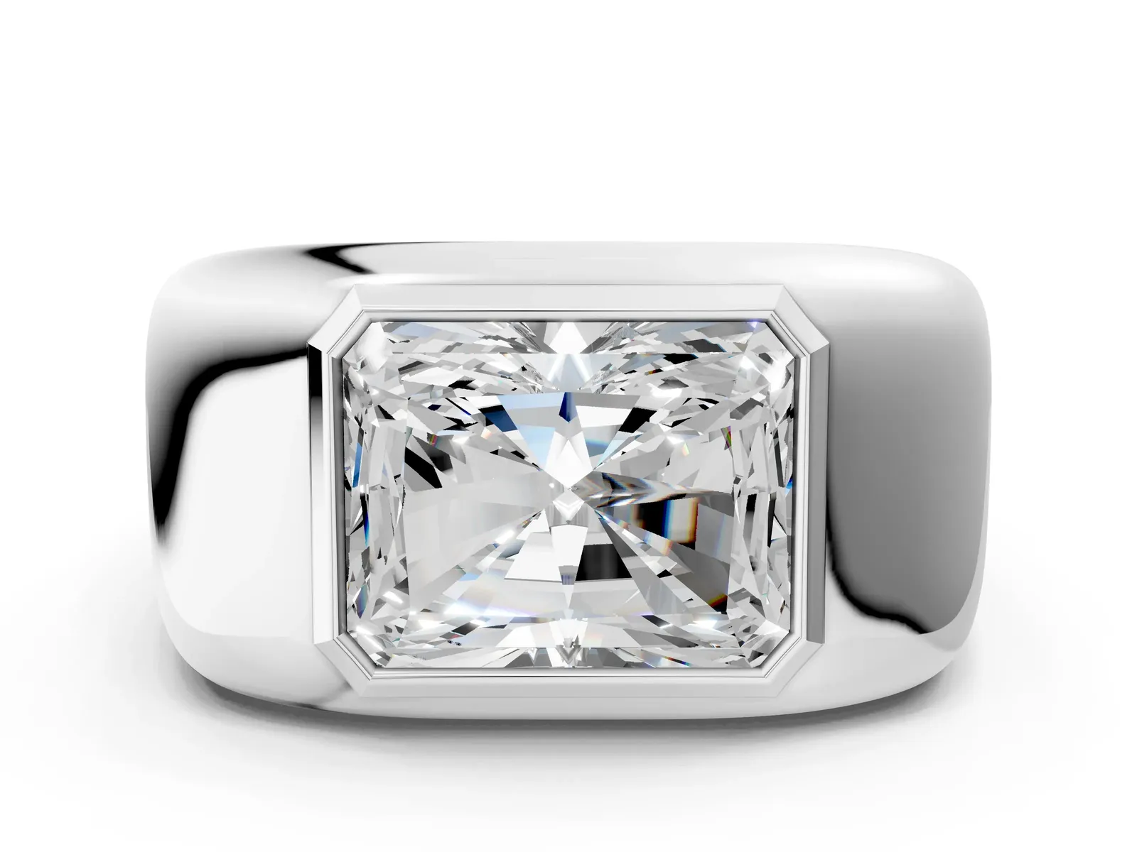 Radiant Diamond Bezel Set Mens Ring White gold