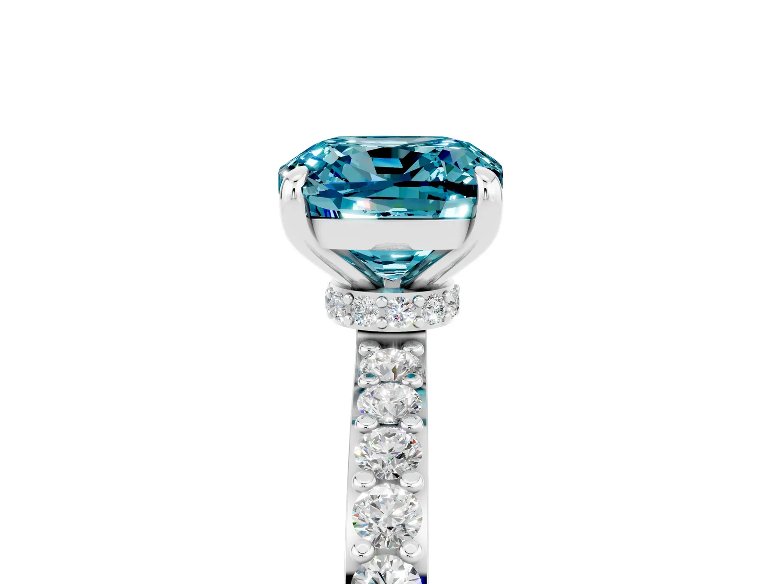 Cushion Cut Blue Topaz Solitaire Engagement Ring with Pavé Band and Four-Prong Setting Platinum