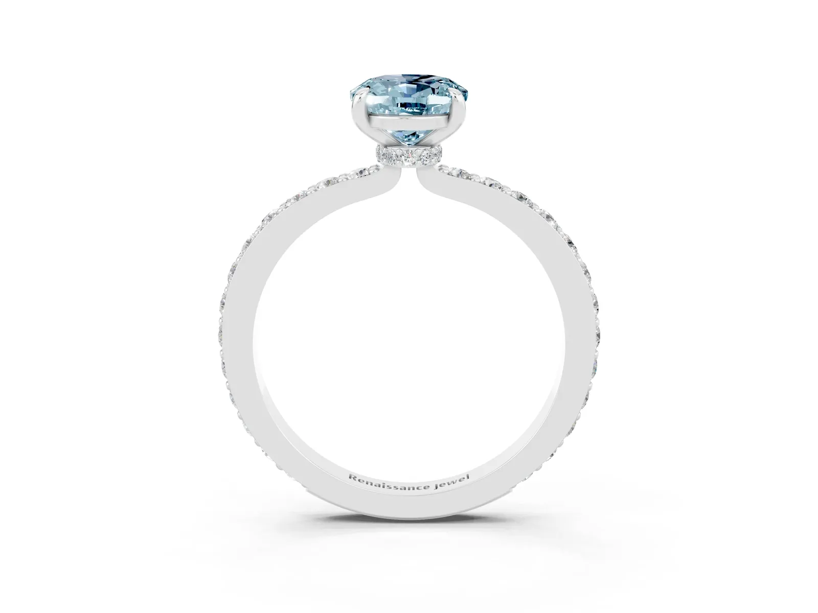 Oval Cut Aquamarine Solitaire Engagement Ring with Pavé Band and Four-Prong Setting Platinum