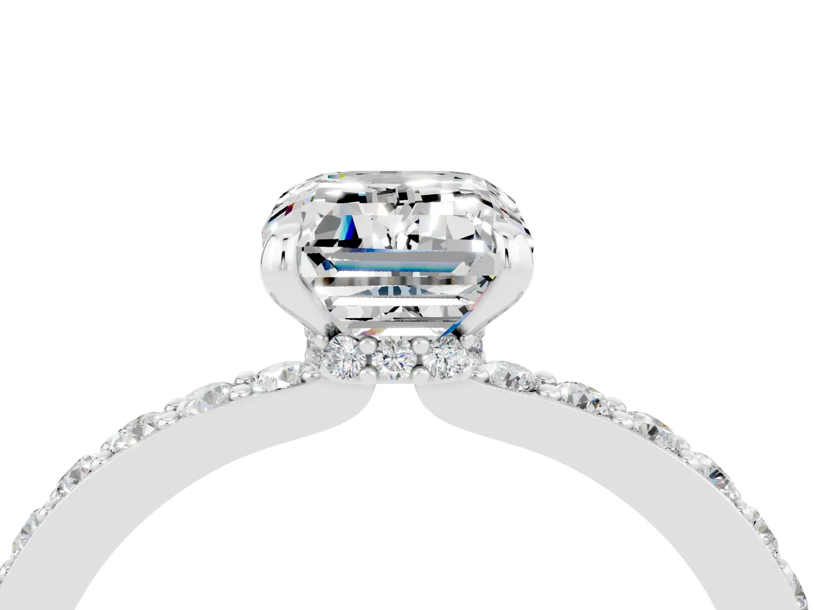 Emerald Cut Moissanite Solitaire Engagement Ring with Pavé Band and Four-Prong Setting Platinum