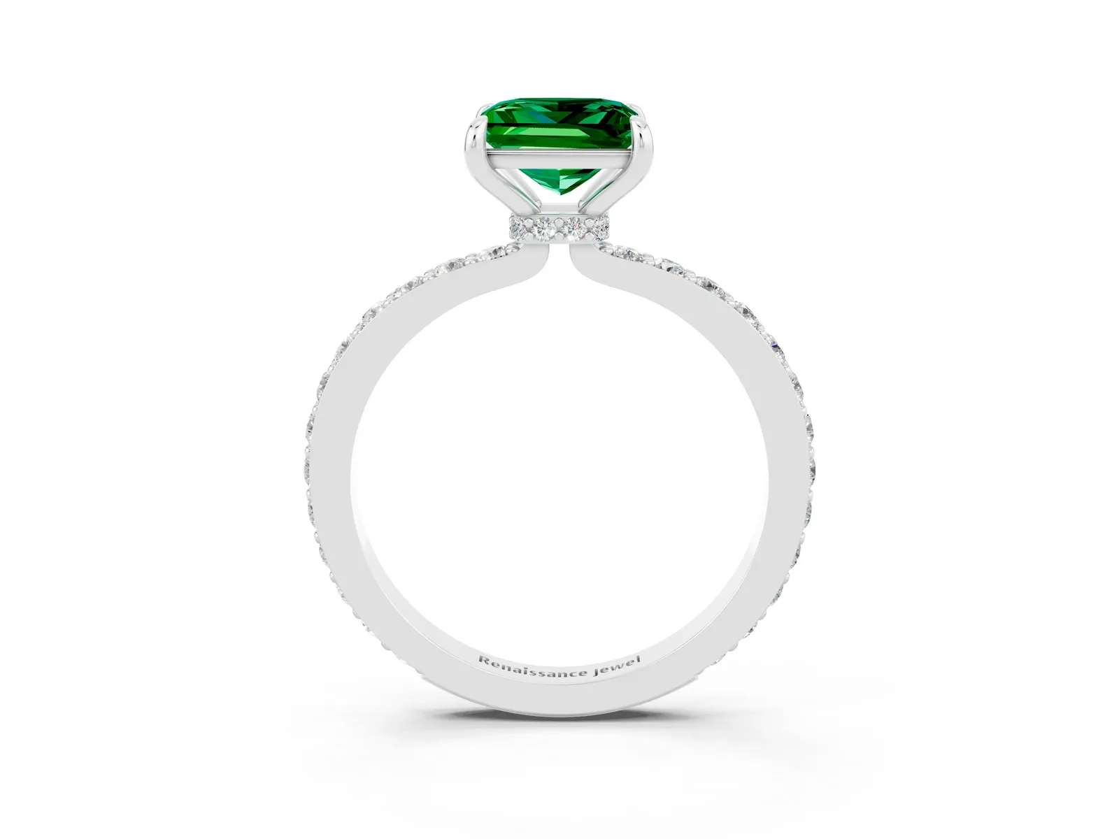 Princess Cut Emerald Solitaire Engagement Ring with Pavé Band and Four-Prong Setting Platinum