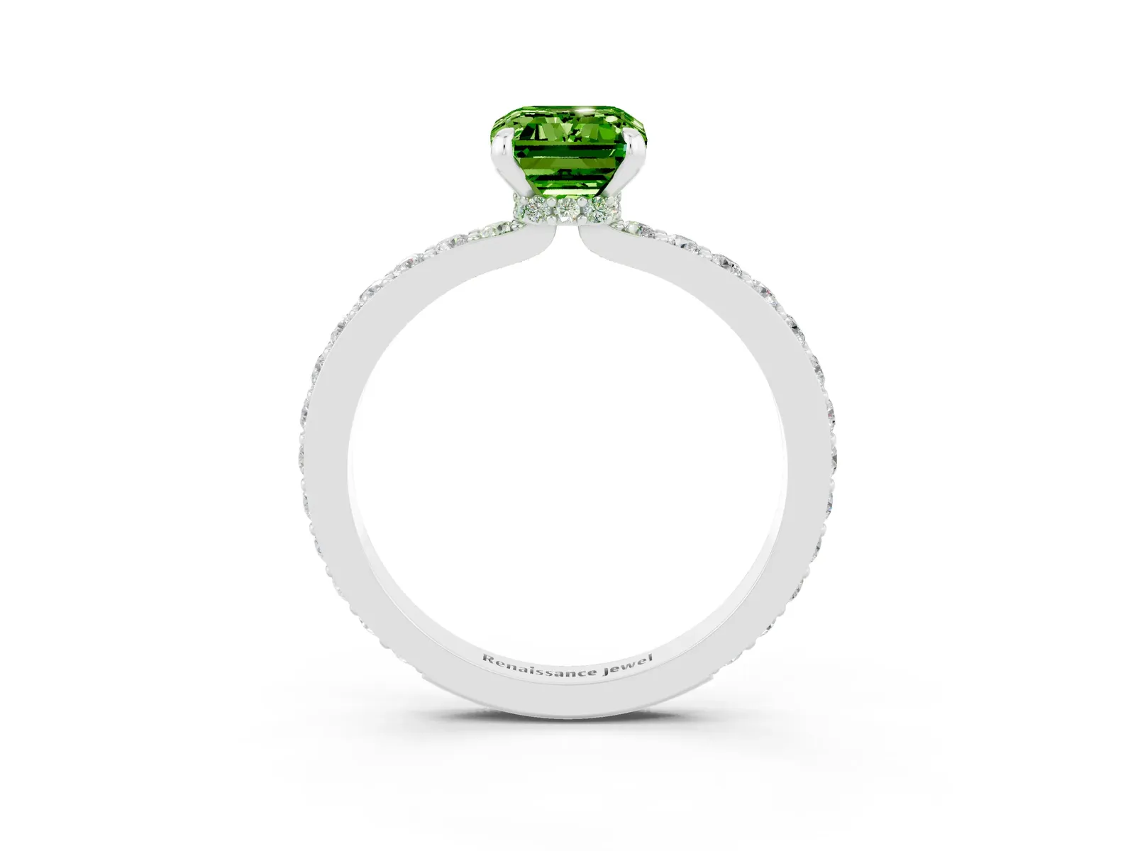 Emerald Cut Peridot Solitaire Engagement Ring with Pavé Band and Four-Prong Setting Platinum