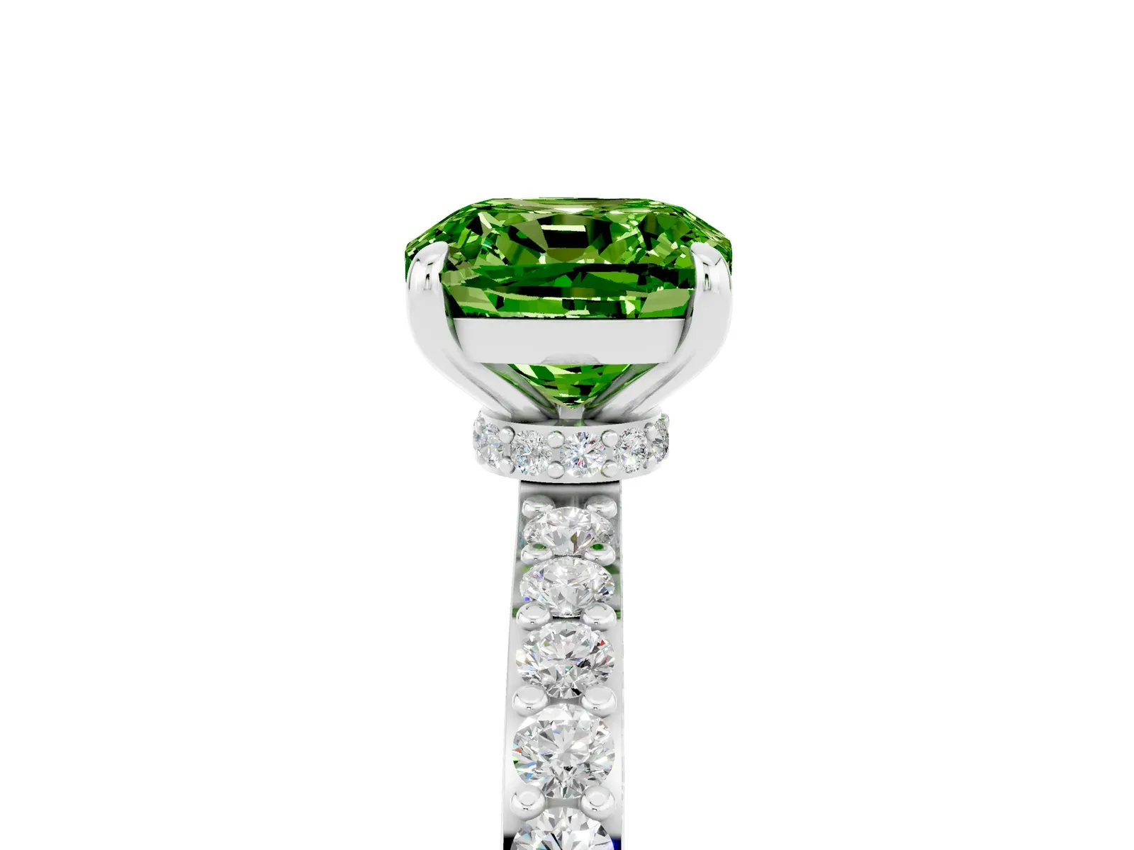 Cushion Cut Peridot Solitaire Engagement Ring with Pavé Band and Four-Prong Setting Platinum