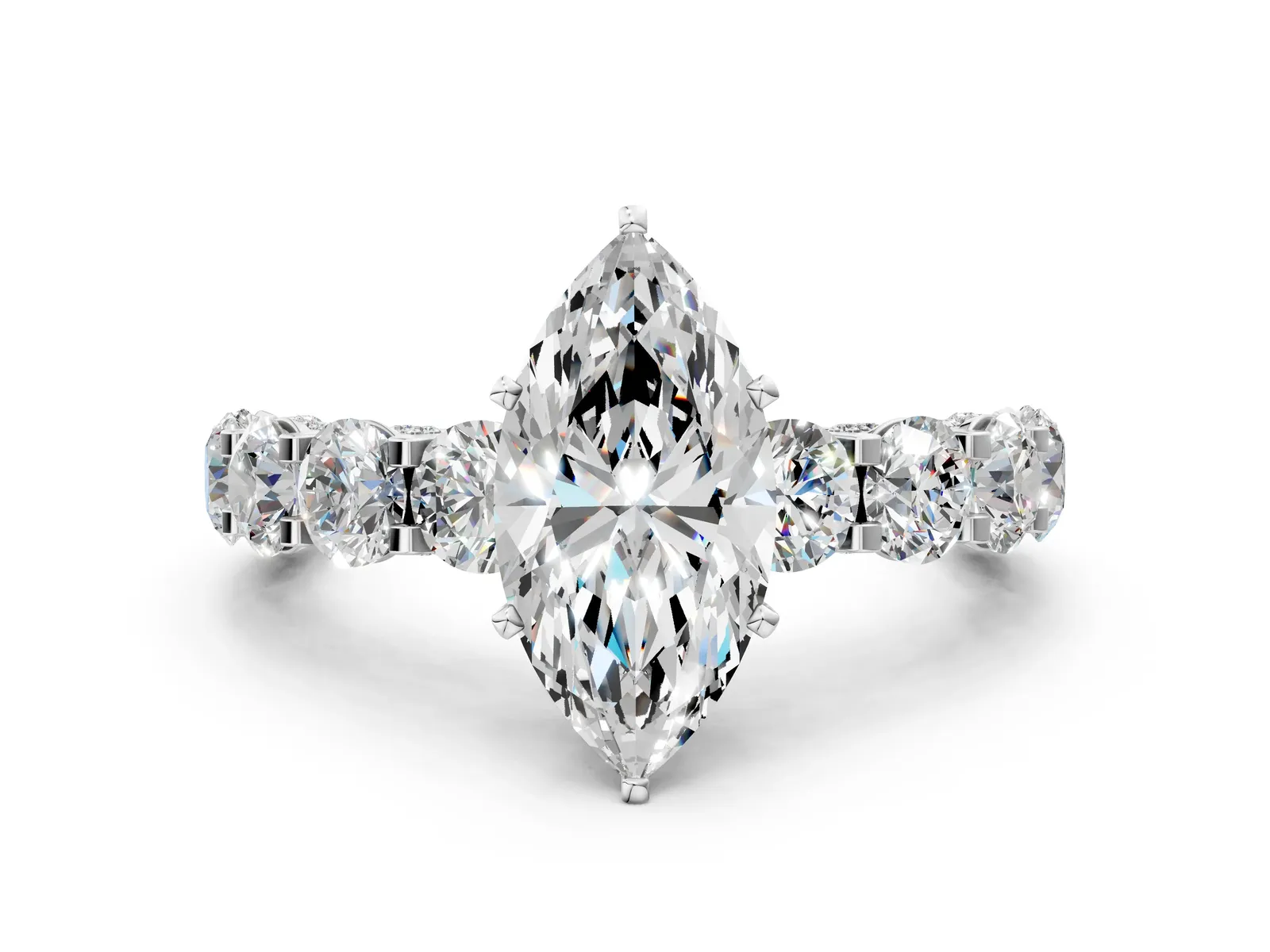 Marquise Cut Diamond Side Stone Engagement Ring with Four-Prong Setting White gold