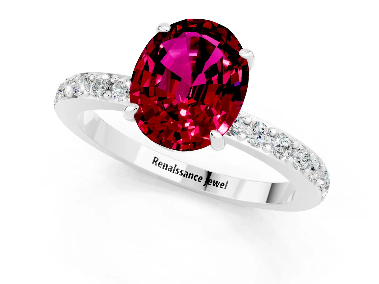 Oval Cut Garnet Solitaire Engagement Ring with Pavé Band and Four-Prong Setting Platinum