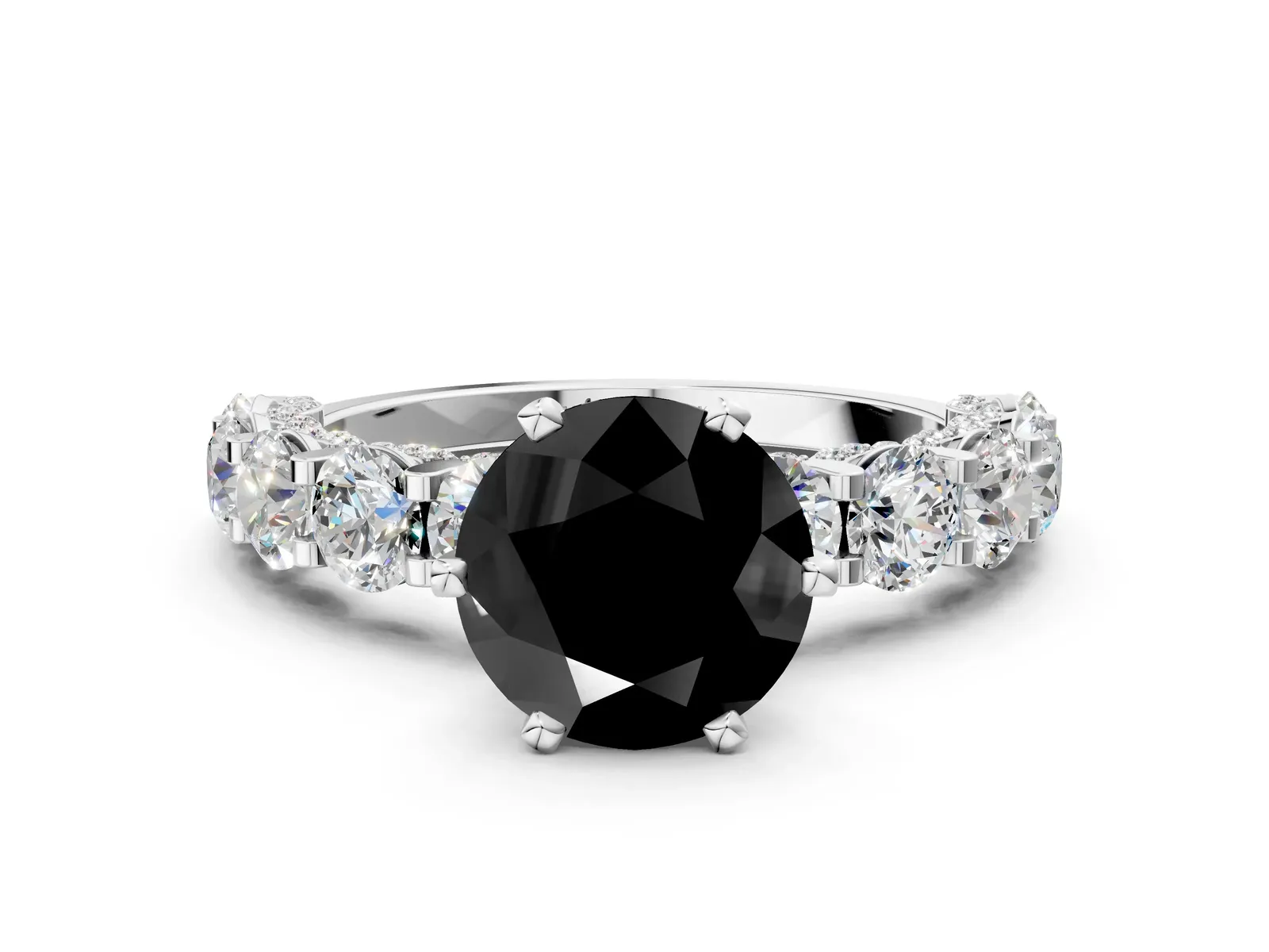 Fancy Black Round Cut Diamond Side Stone Engagement Ring with Four-Prong Setting White gold