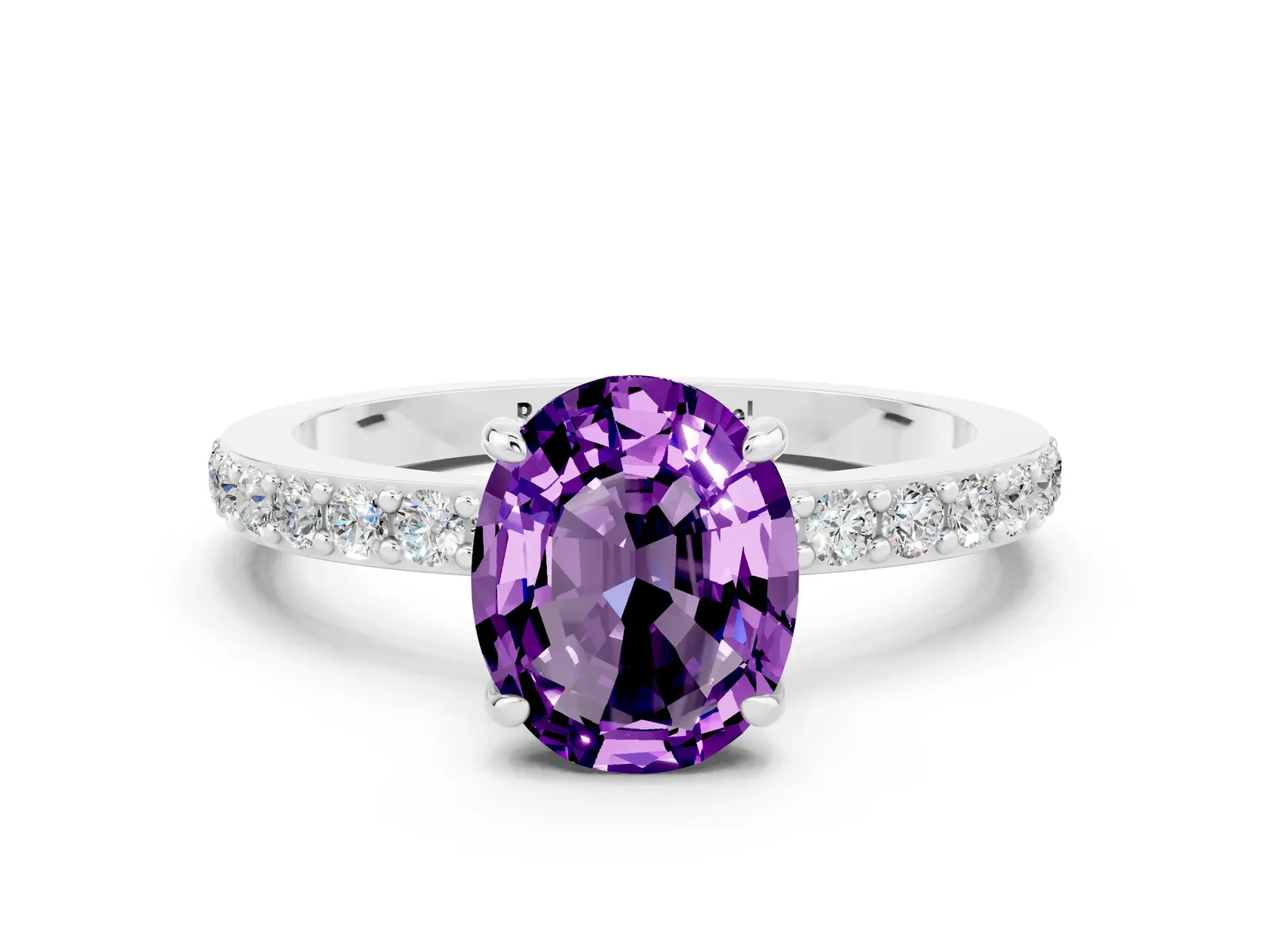 Oval Cut Amethyst Solitaire Engagement Ring with Pavé Band and Four-Prong Setting Platinum