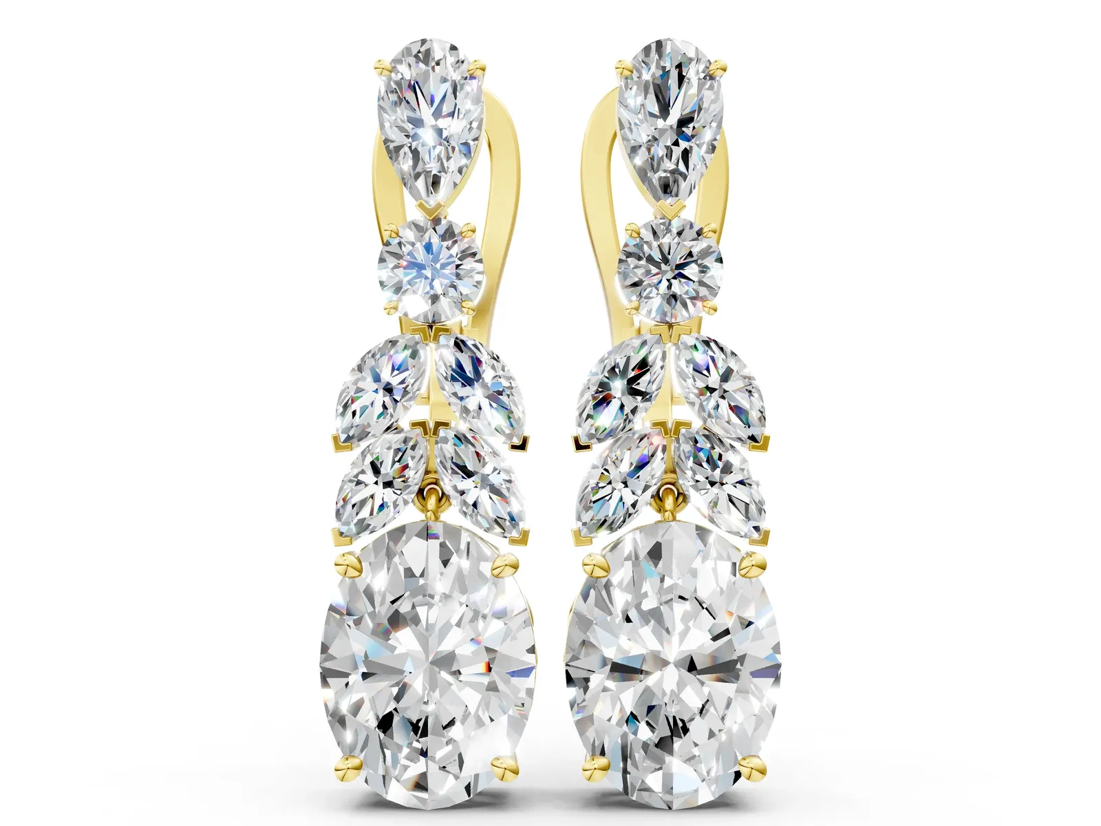 Oval, Marquise and Round Diamond Huggie Drop Earrings Yellow gold