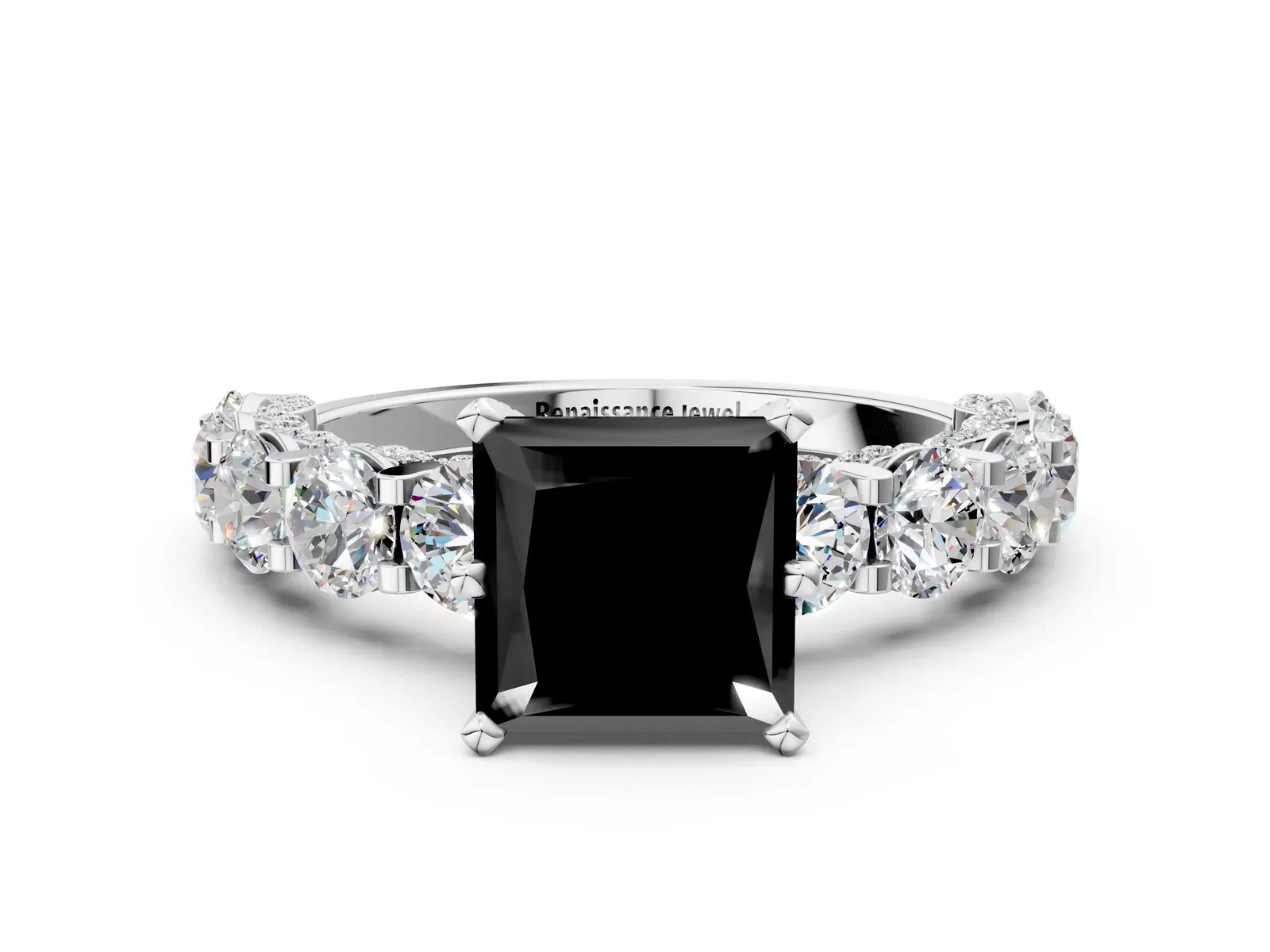 Fancy Black Princess Cut Diamond Side Stone Engagement Ring with Four-Prong Setting White gold
