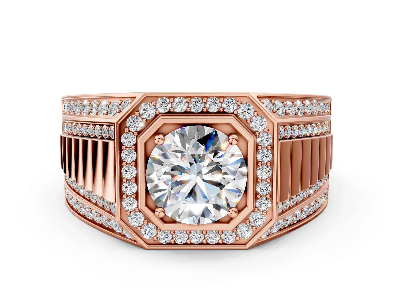 Round Diamond Octagonal Halo Mens Ring with Pavé Accents Rose gold