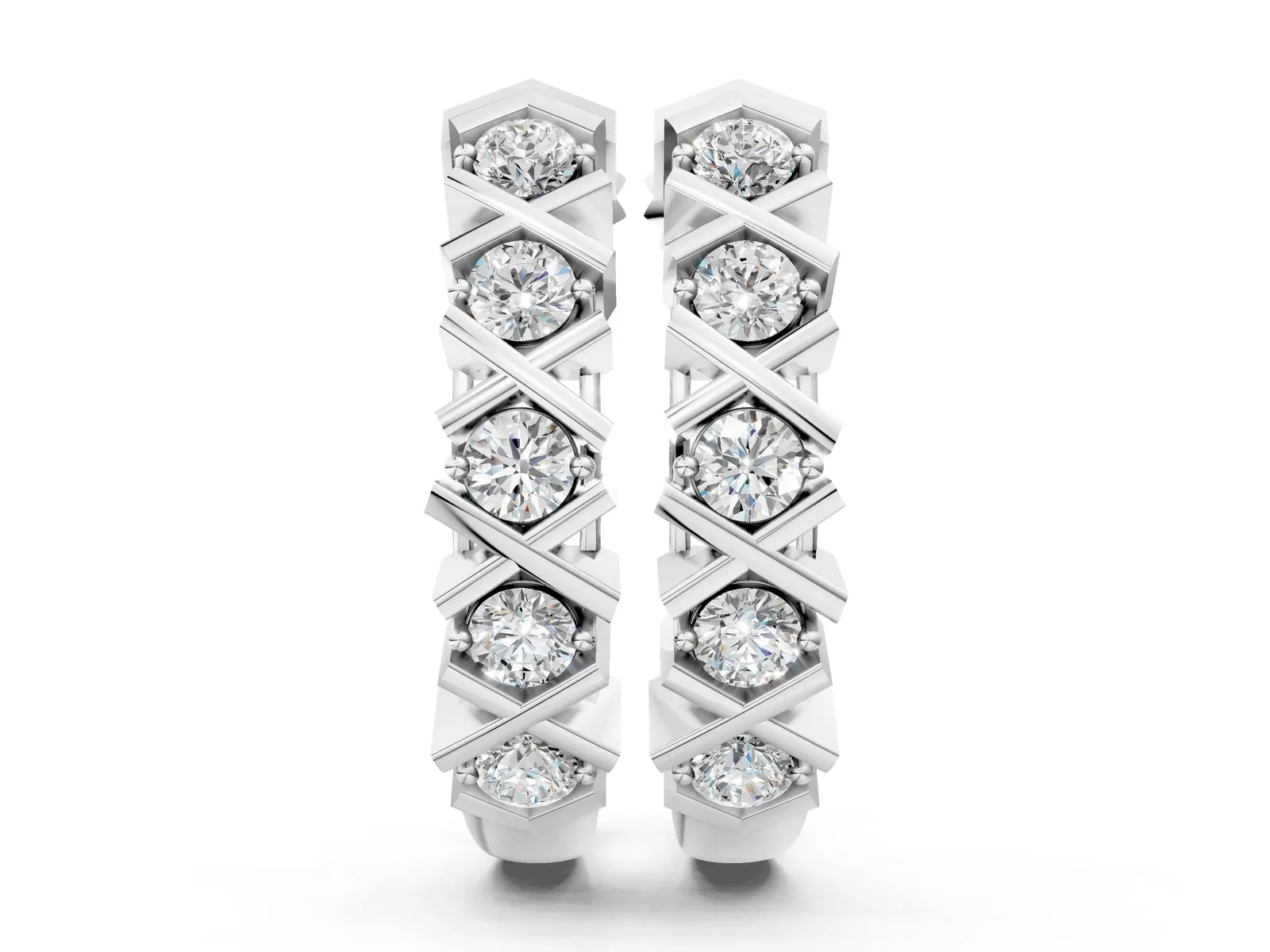 Round Diamond Criss-Cross Prong Hoop Earrings Silver
