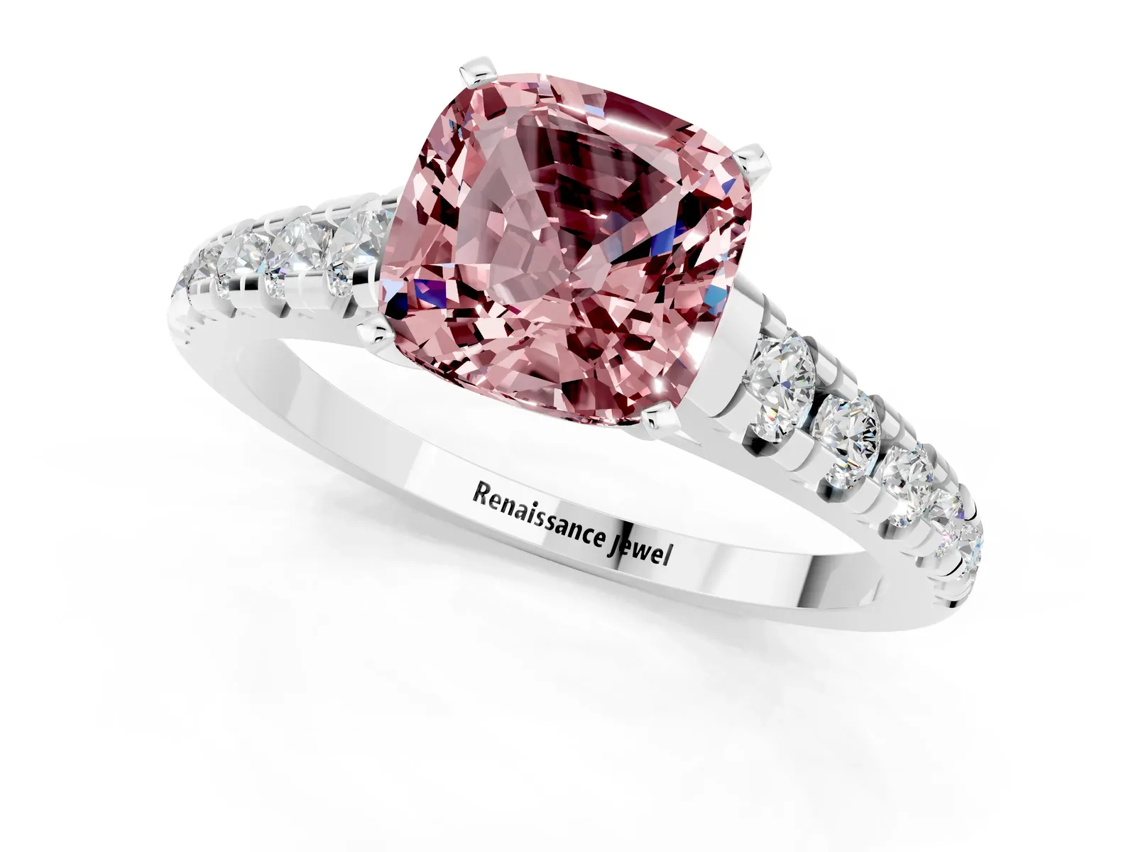 Cushion Cut Morganite Cathedral Solitaire Ring with Round Pavé Band Platinum