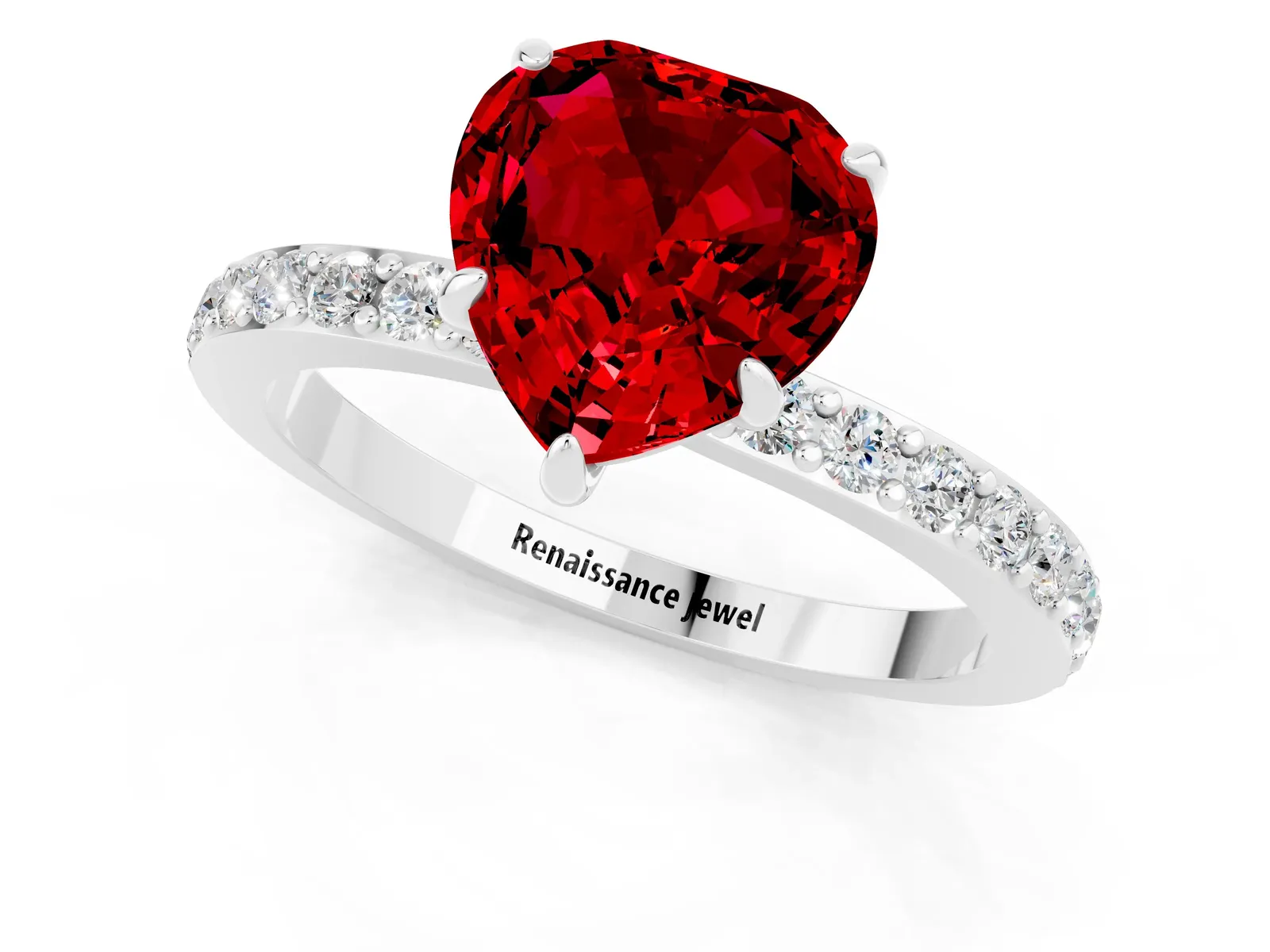 Heart Cut Ruby Solitaire Engagement Ring with Pavé Band and Four-Prong Setting Platinum