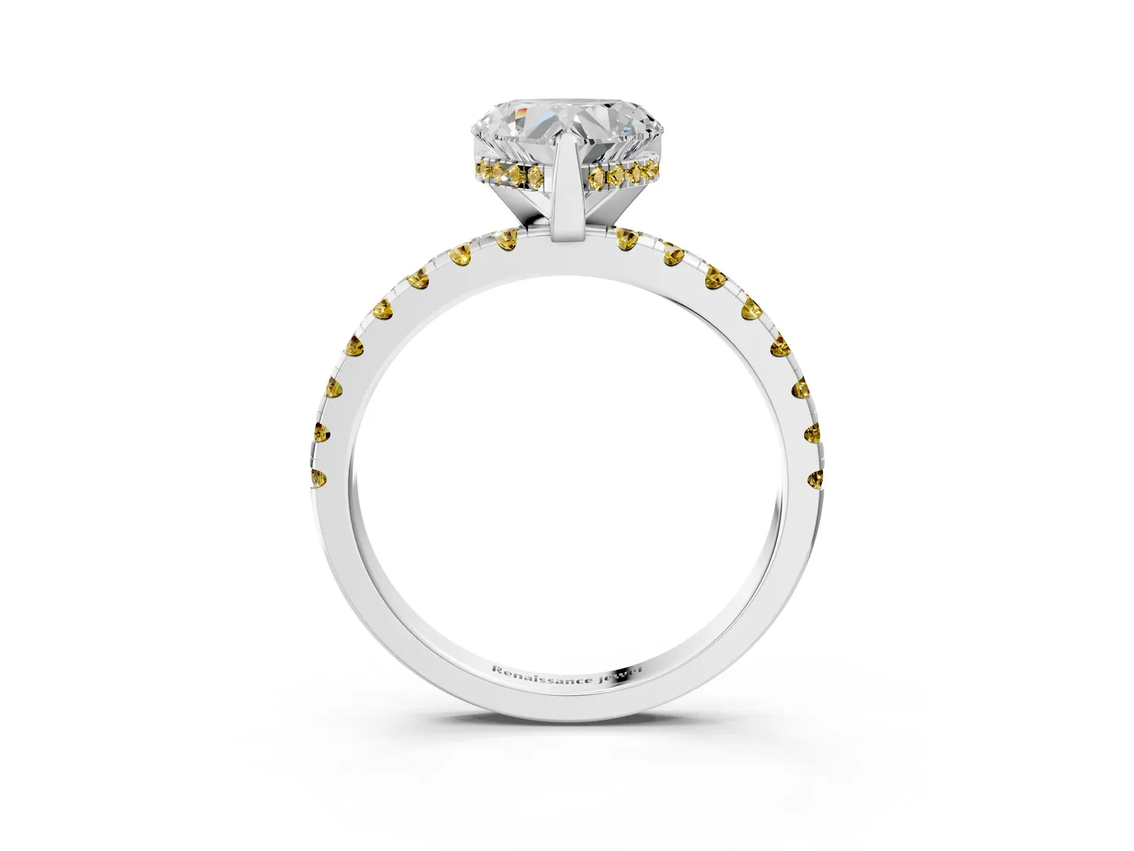 Heart Cut Diamond Solitaire Ring with Round Yellow Sapphire Pavé Band and Four-Prong Setting Platinum