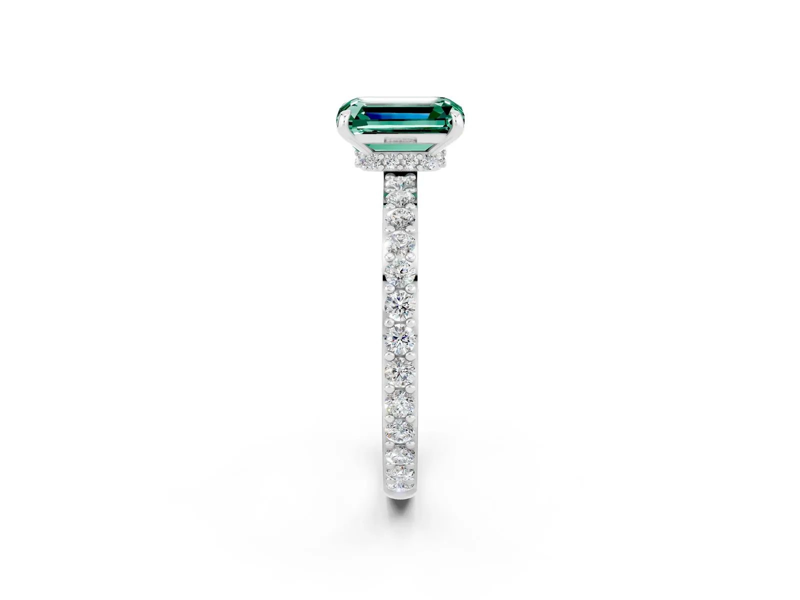 Emerald Cut Green Sapphire Solitaire Engagement Ring with Pavé Band and Four-Prong Setting Platinum