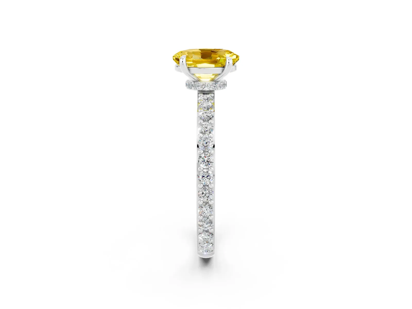 Oval Cut Yellow Sapphire Solitaire Engagement Ring with Pavé Band and Four-Prong Setting Platinum