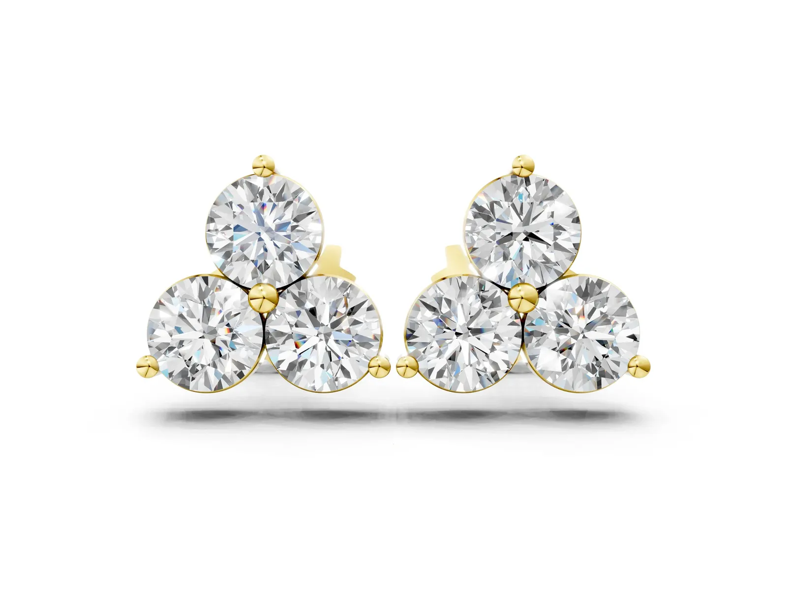 Triangular Cluster Round Diamond Stud Earrings with Prong Setting Yellow gold