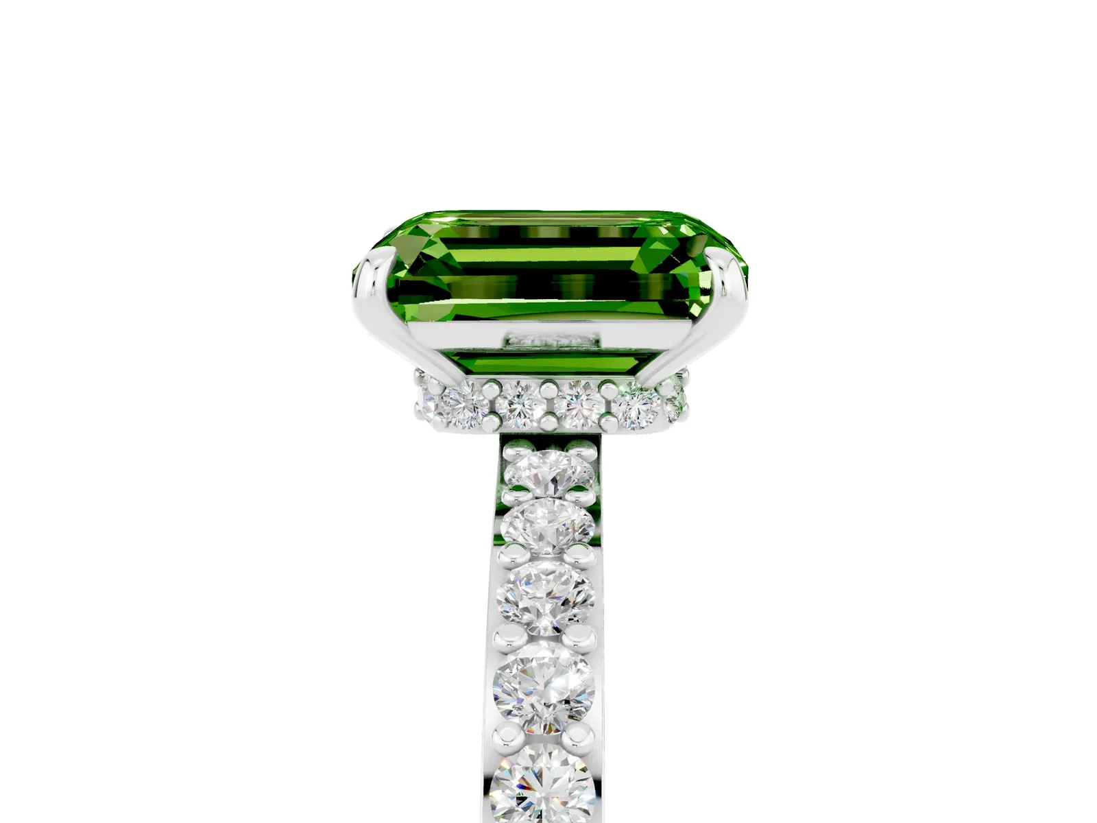 Emerald Cut Peridot Solitaire Engagement Ring with Pavé Band and Four-Prong Setting Platinum