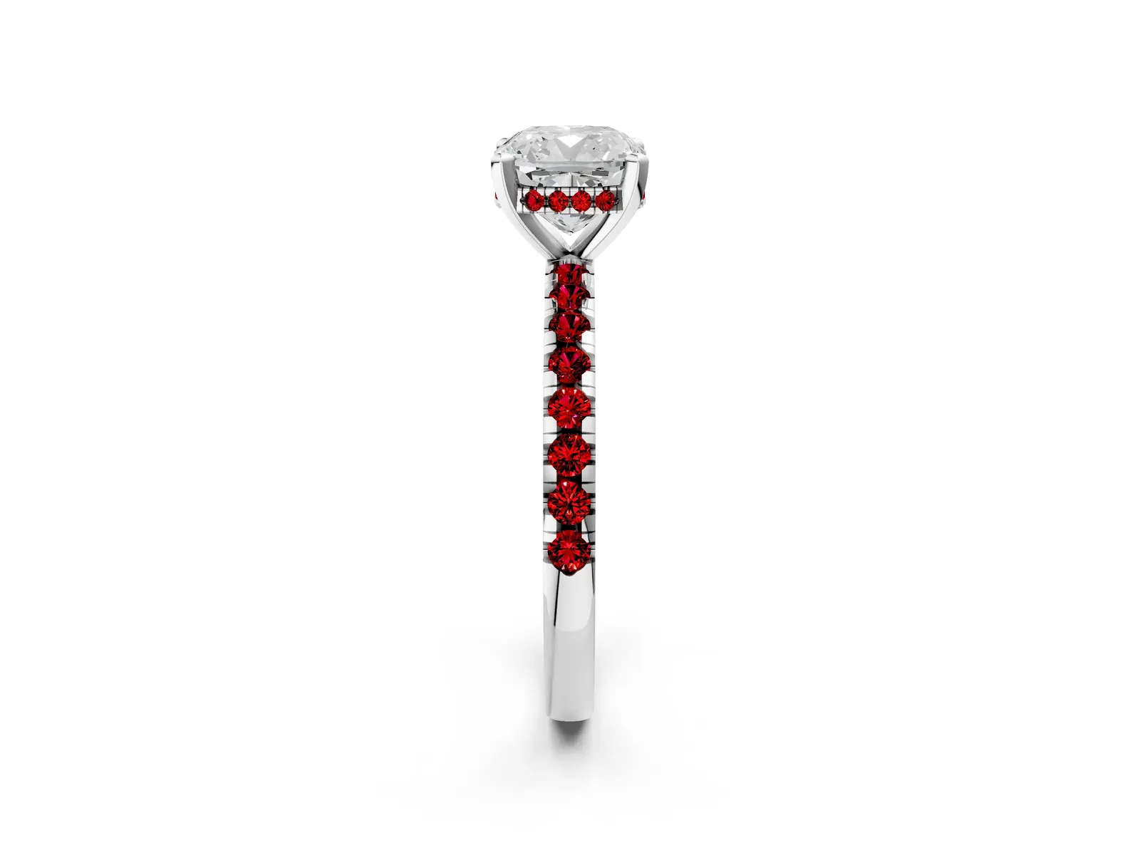 Cushion Cut Diamond Solitaire Ring with Round Ruby Pavé Band and Four-Prong Setting Platinum