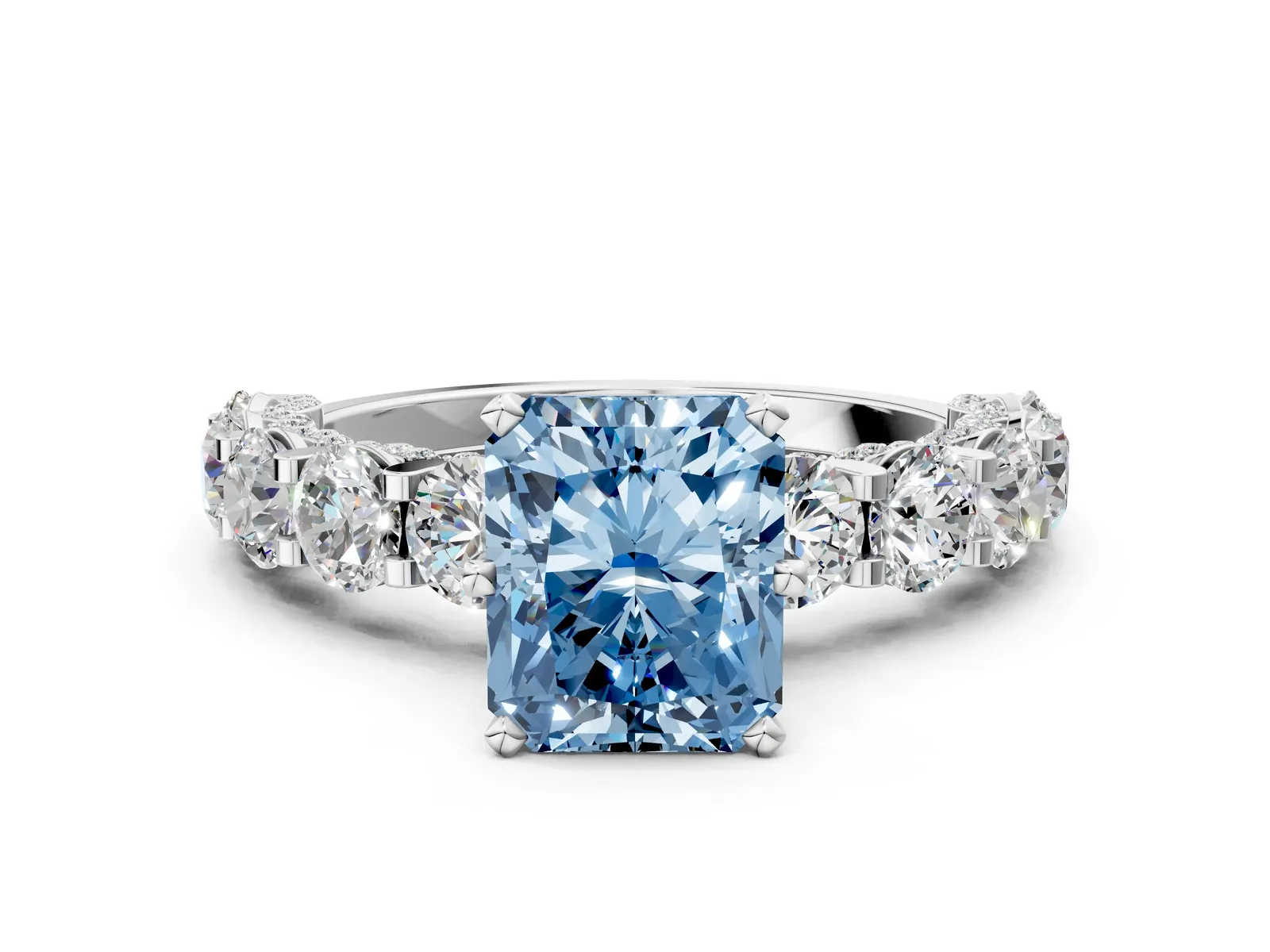 Fancy Blue Radiant Cut Diamond Side Stone Engagement Ring with Four-Prong Setting Silver