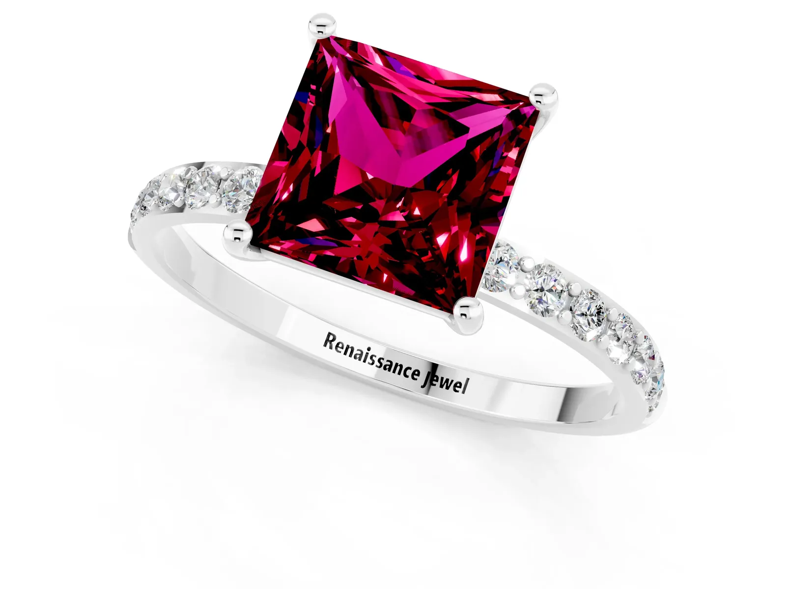 Princess Cut Garnet Solitaire Ring with Round Pavé Band and Prong Setting Platinum