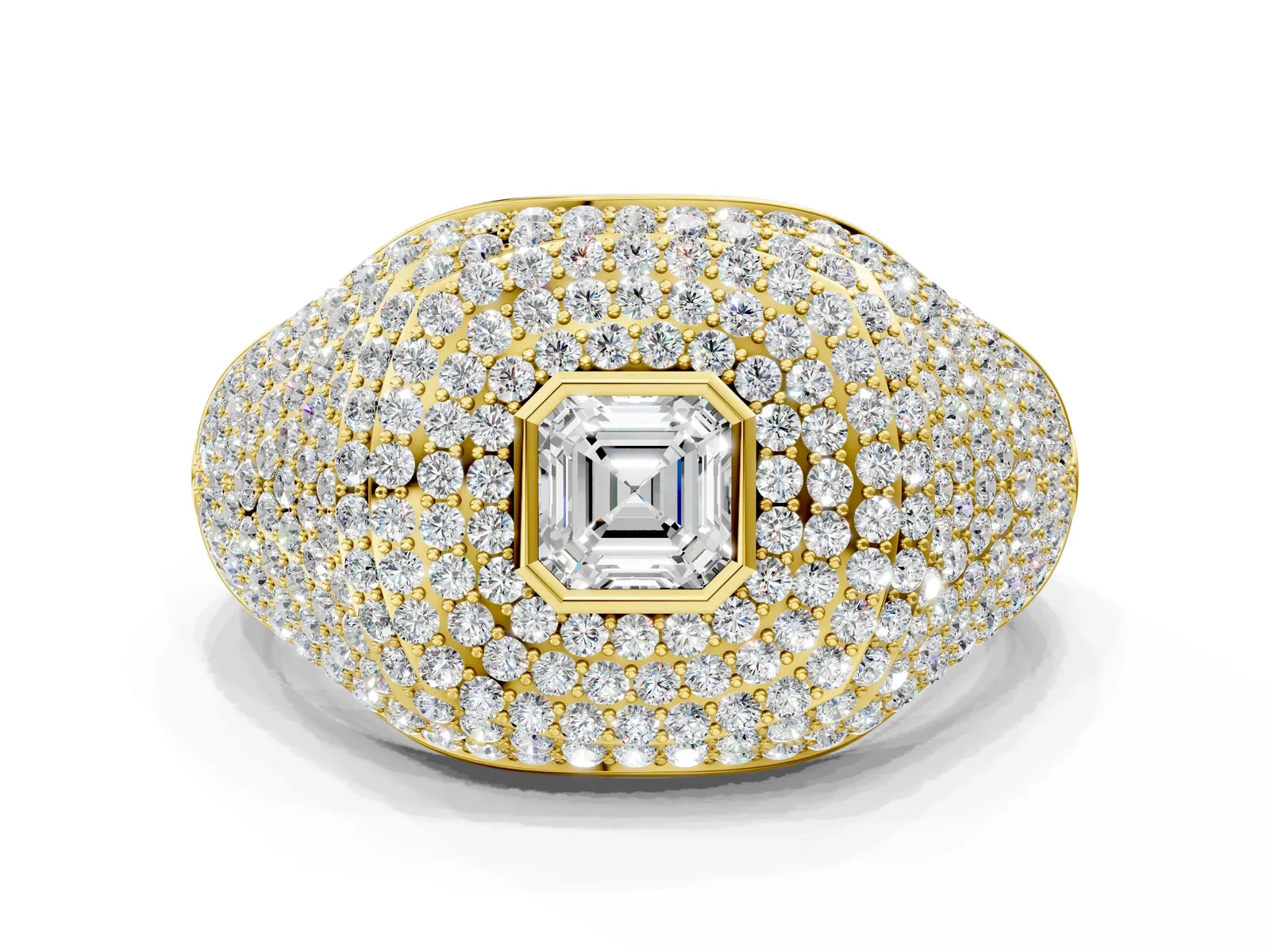 Asscher Cut Diamond Bezel Set Pavé Dome Mens Ring Yellow gold