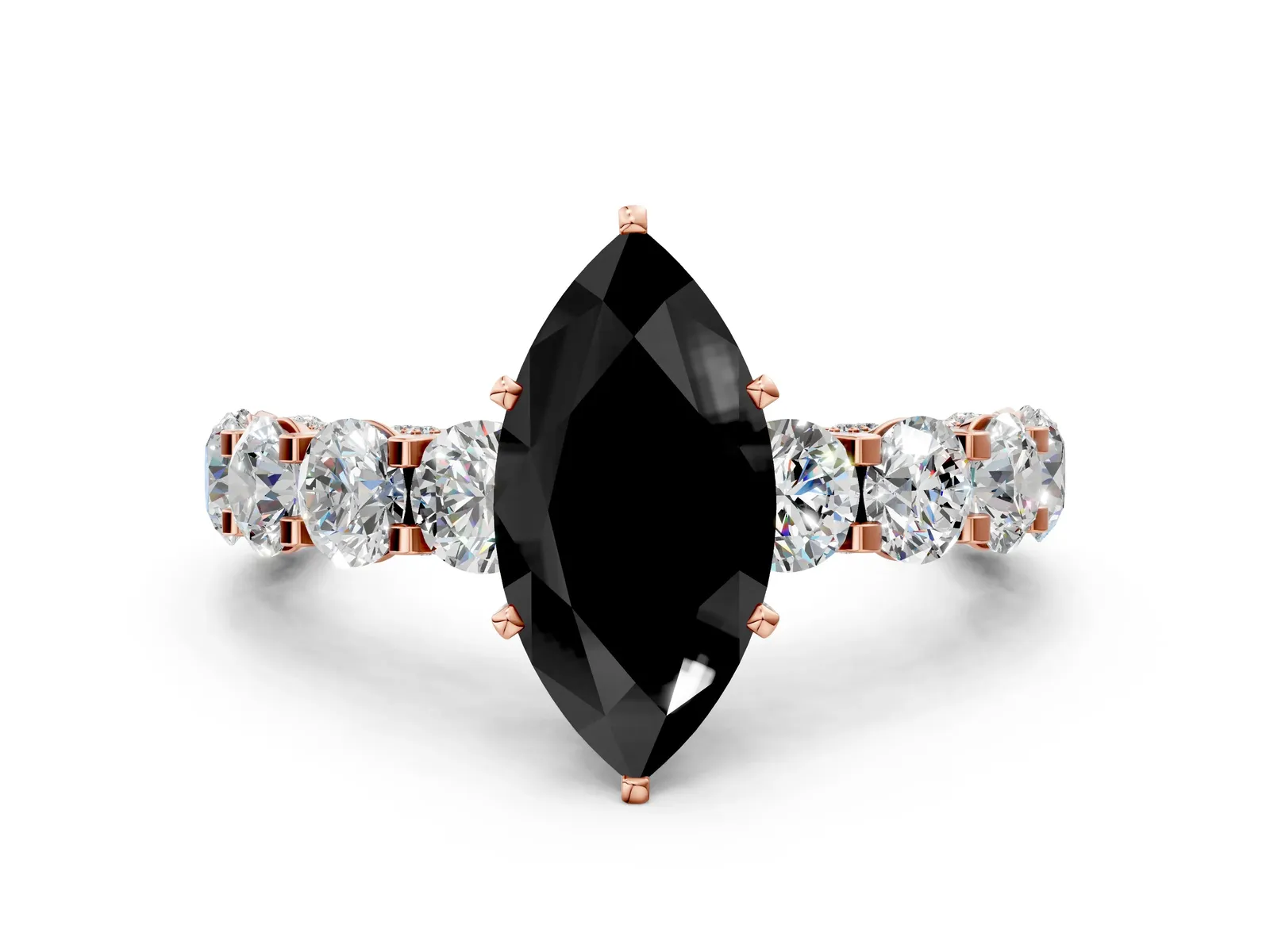 Fancy Black Marquise Cut Diamond Side Stone Engagement Ring with Four-Prong Setting Rose gold