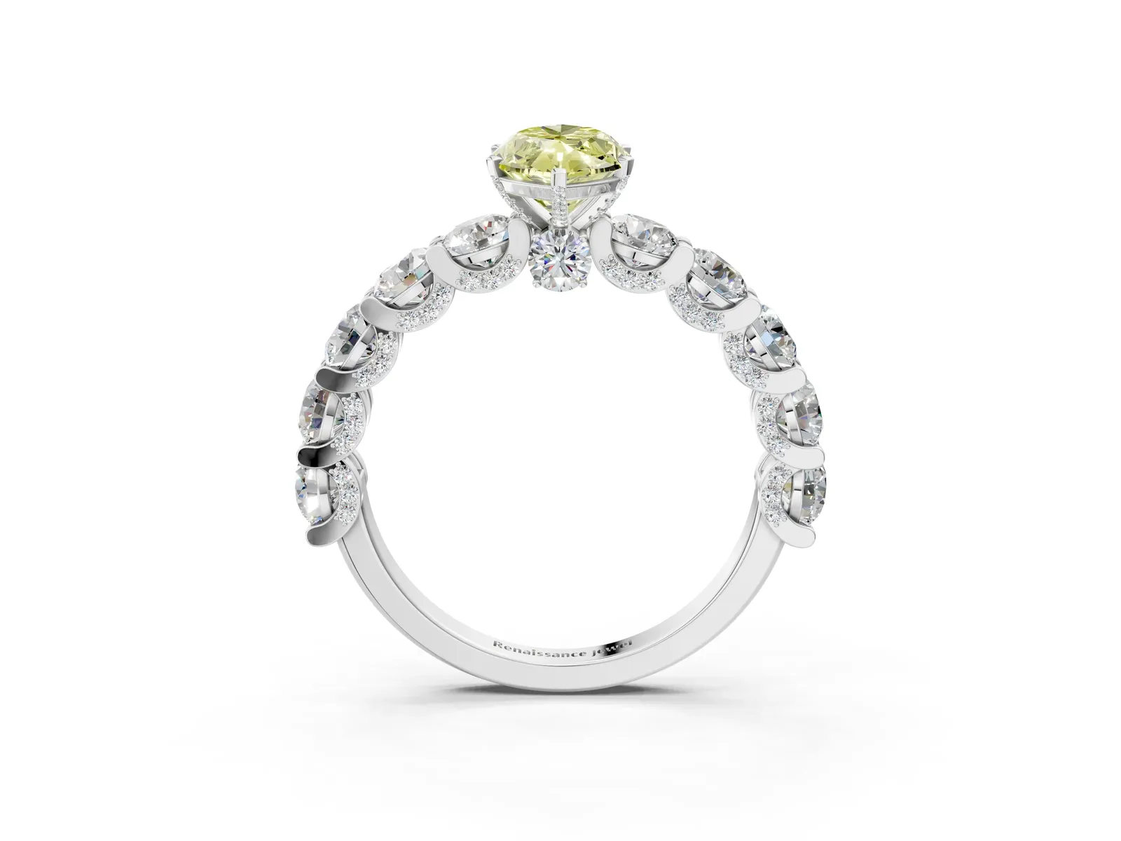 Fancy Yellow Marquise Cut Diamond Side Stone Engagement Ring with Four-Prong Setting Silver