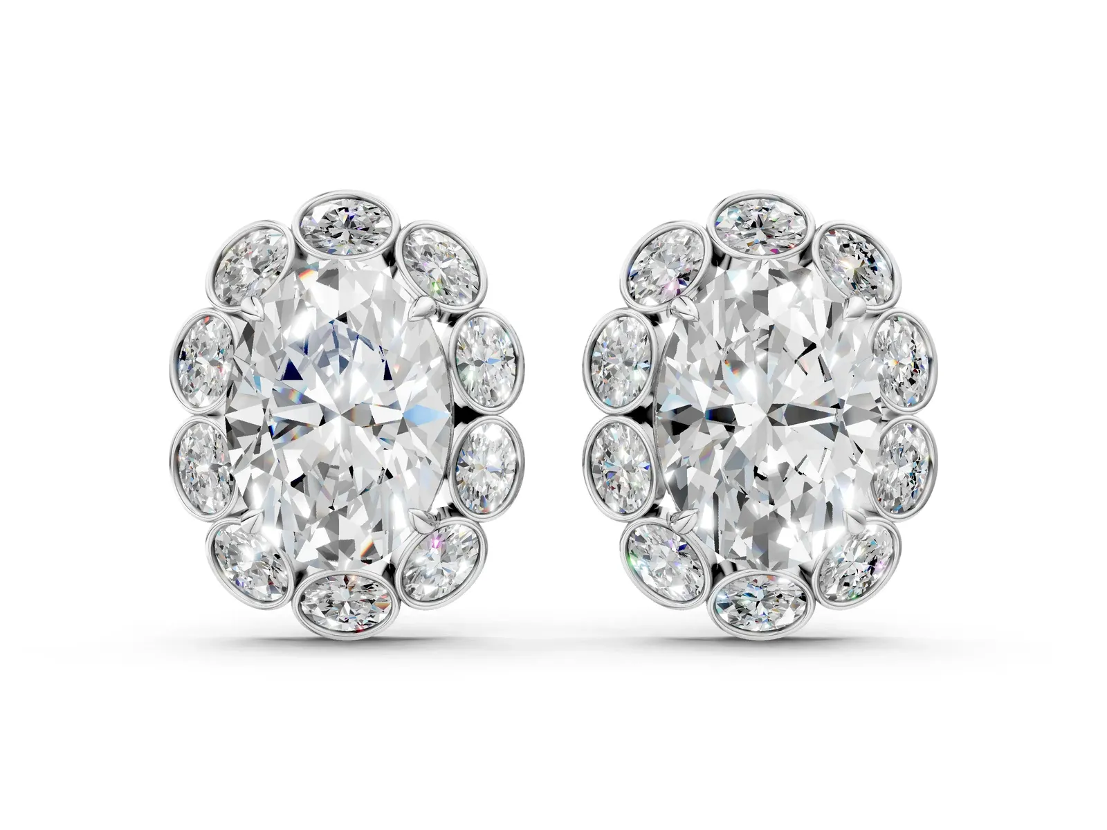 Oval Diamond Halo Stud Earrings with Oval Diamond Accents White gold