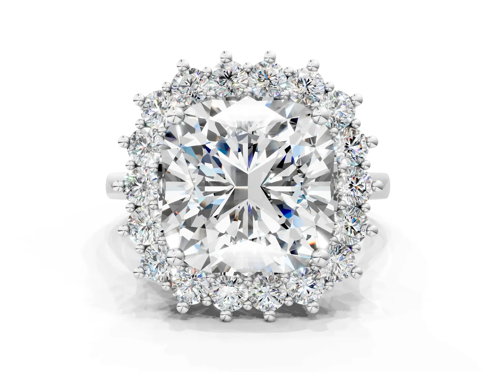 Cushion Diamond Halo Engagement Ring with Round Diamond Accents Silver
