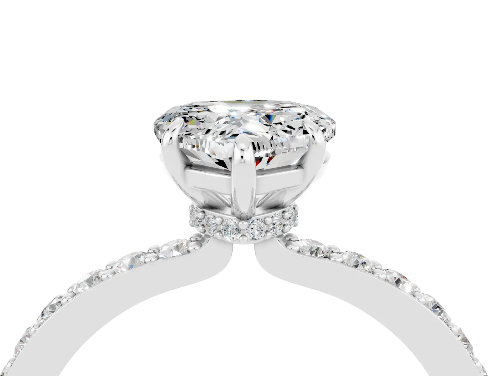 Heart Cut Moissanite Solitaire Engagement Ring with Pavé Band and Four-Prong Setting Platinum