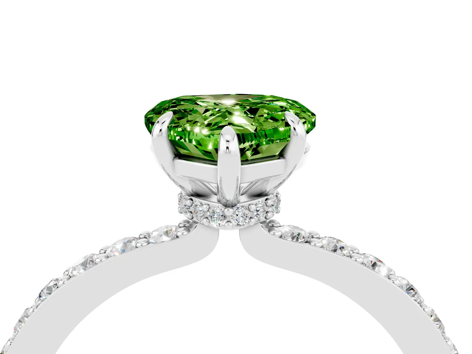 Heart Cut Peridot Solitaire Engagement Ring with Pavé Band and Four-Prong Setting Platinum