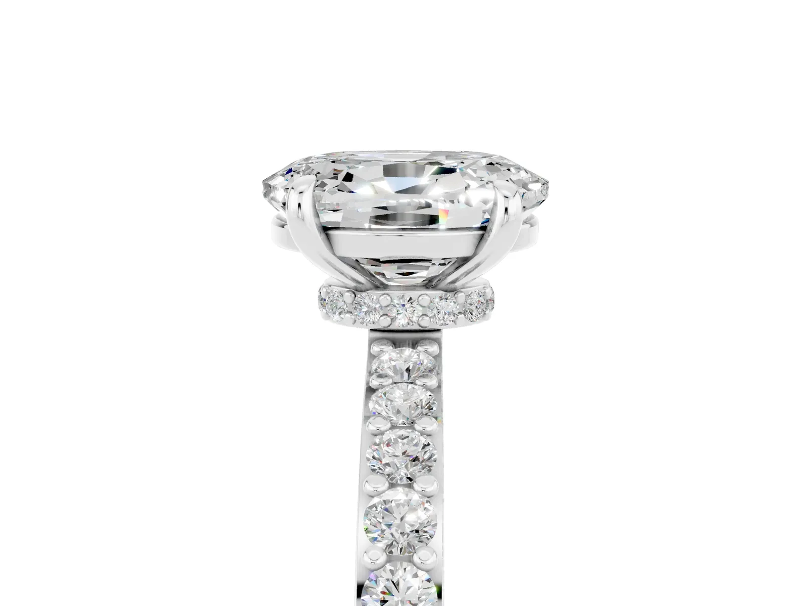 Oval Cut Moissanite Solitaire Engagement Ring with Pavé Band and Four-Prong Setting Platinum