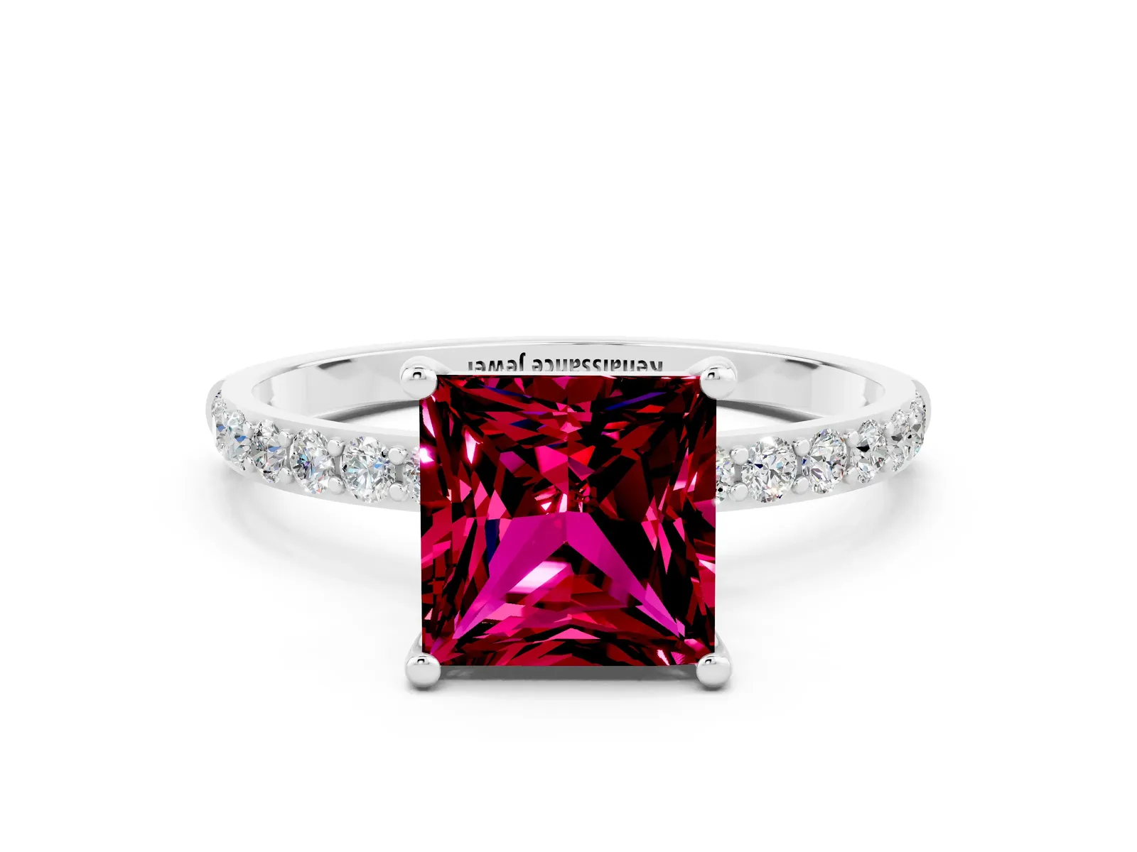 Princess Cut Garnet Solitaire Ring with Round Pavé Band and Prong Setting Platinum
