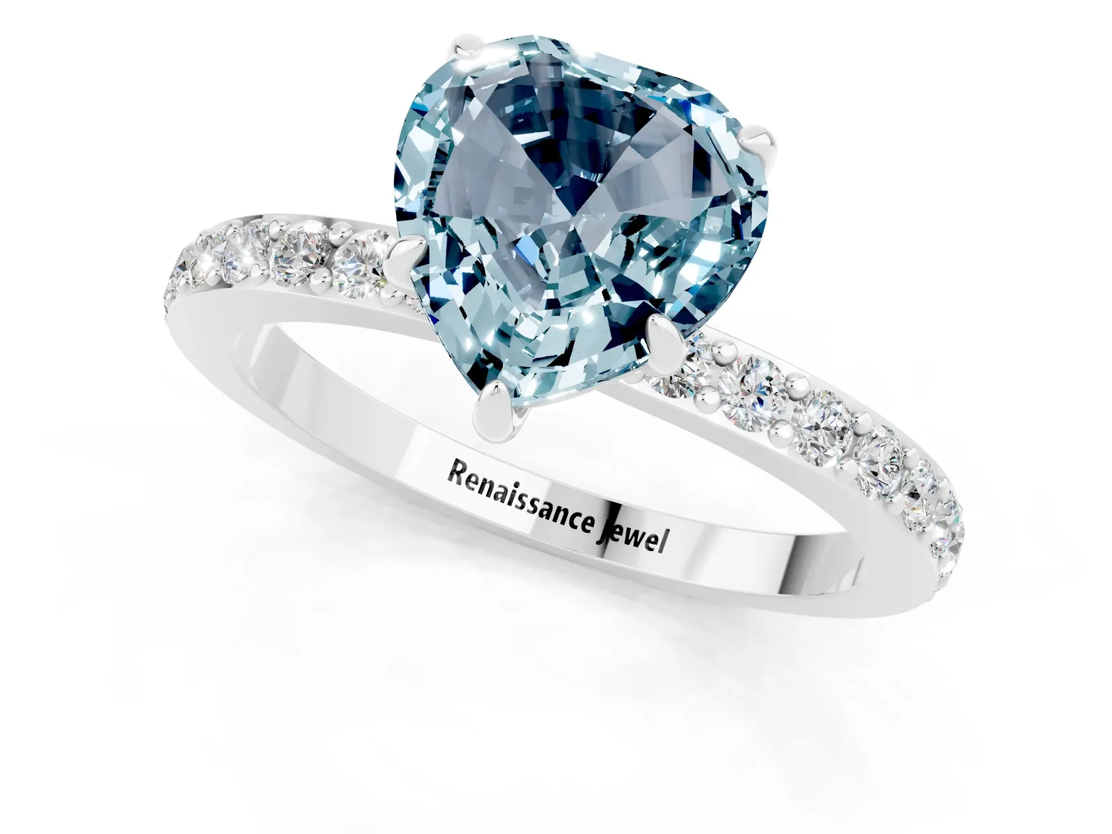 Heart Cut Aquamarine Solitaire Engagement Ring with Pavé Band and Four-Prong Setting Platinum
