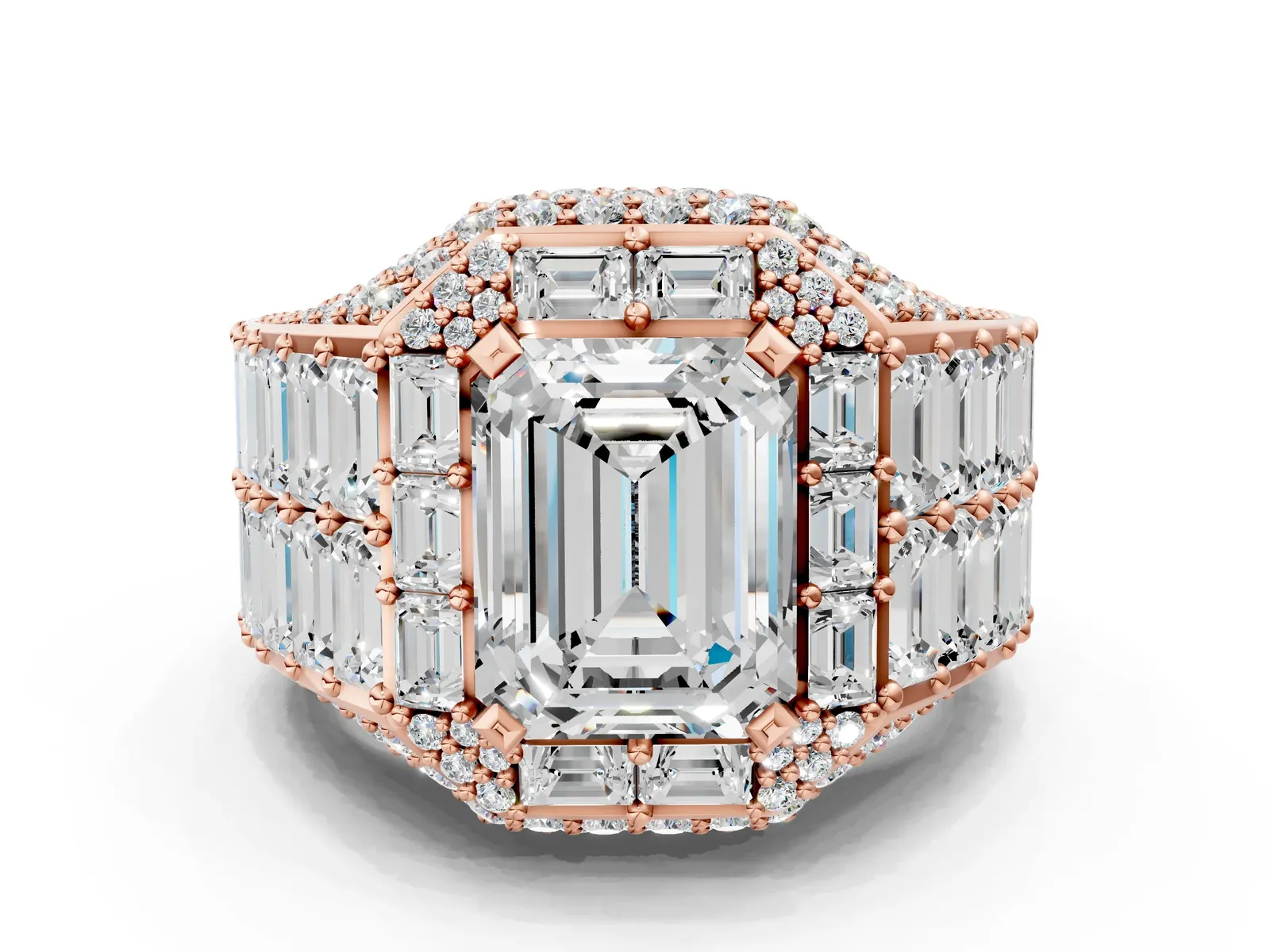 Emerald Cut Diamond Pavé Statement Mens Ring with Baguette Accents Rose gold