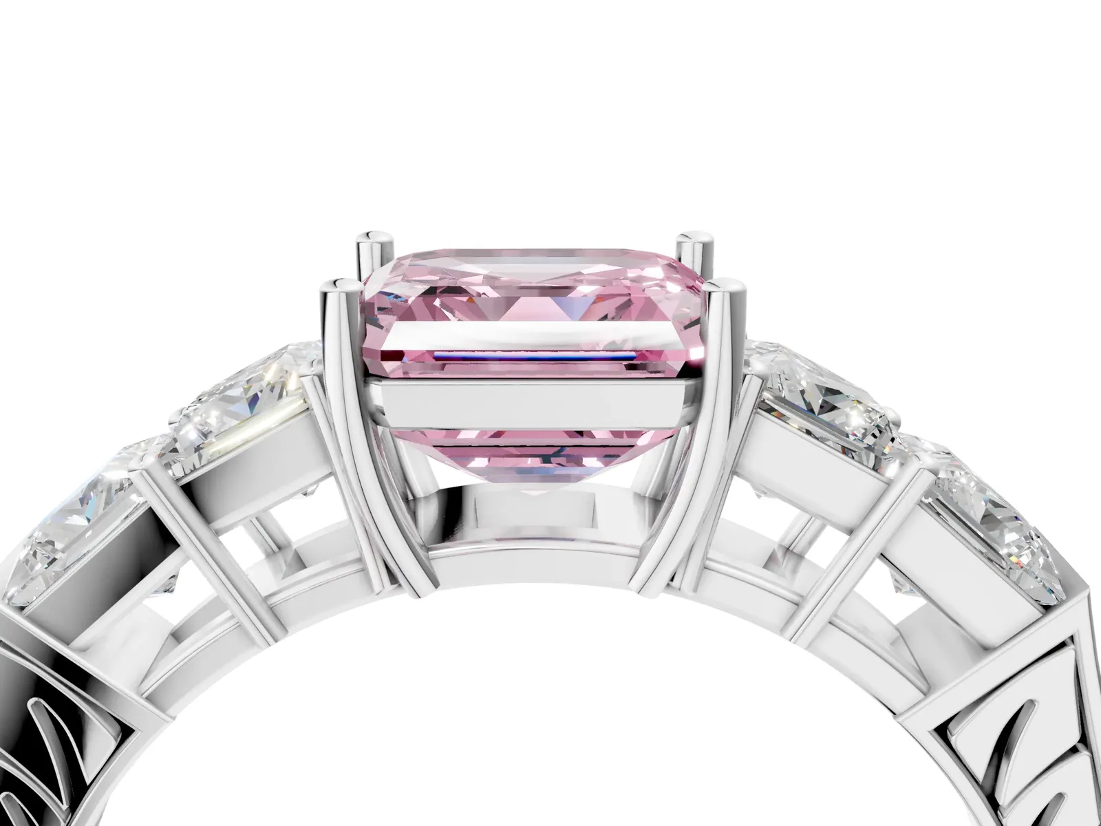 Fancy Pink Asscher Cut Solitaire Princess Side Stone Engraved Band Prong Setting Ring Platinum