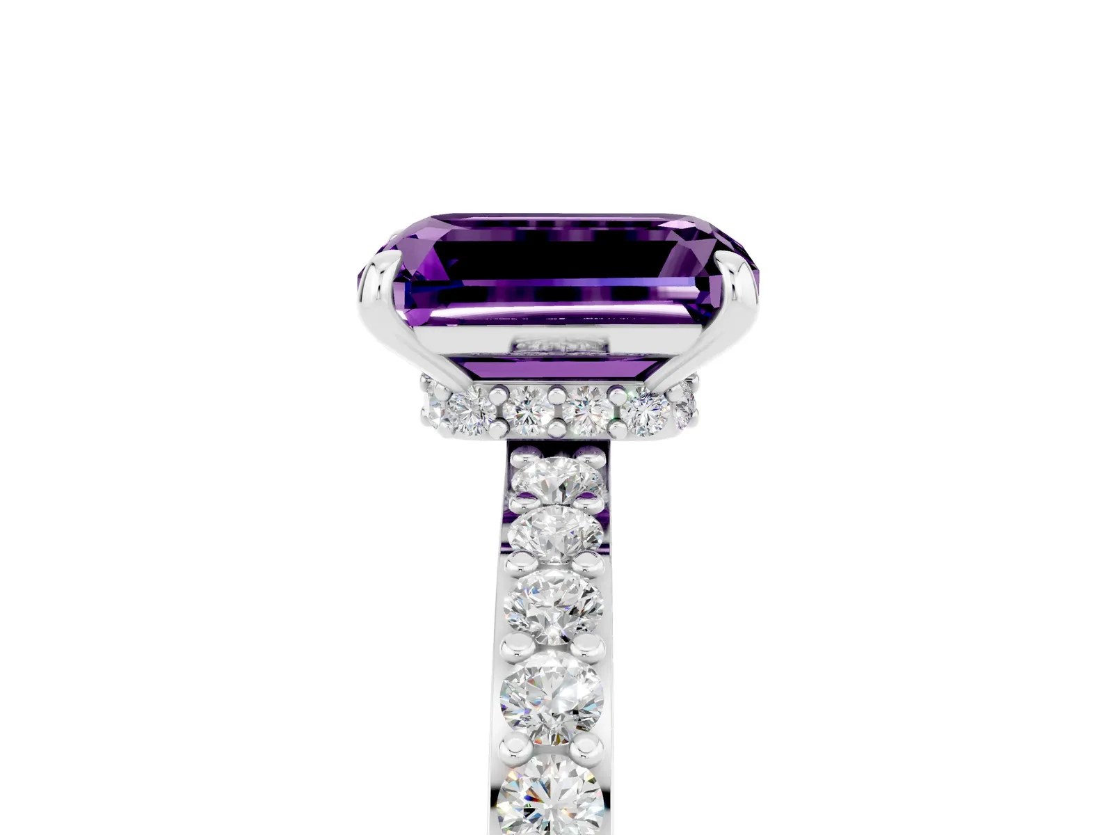 Emerald Cut Amethyst Solitaire Engagement Ring with Pavé Band and Four-Prong Setting Platinum