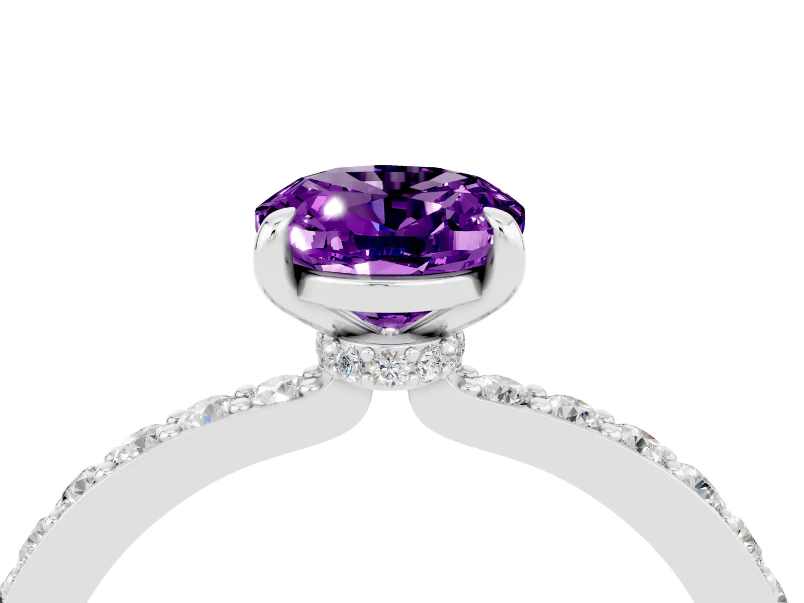 Oval Cut Amethyst Solitaire Engagement Ring with Pavé Band and Four-Prong Setting Platinum