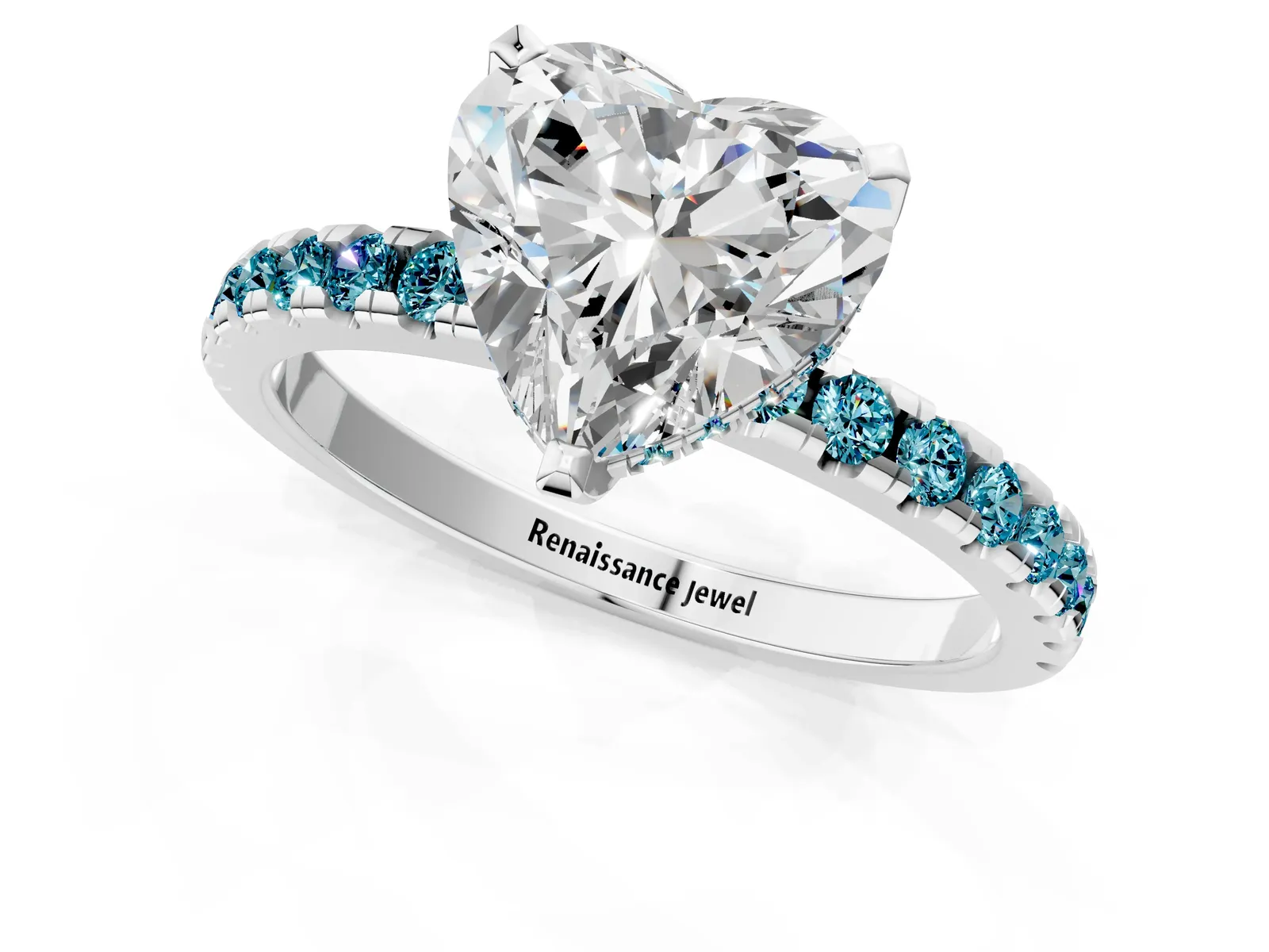 Heart Cut Diamond Solitaire Ring with Round Blue Topaz Pavé Band and Four-Prong Setting Platinum