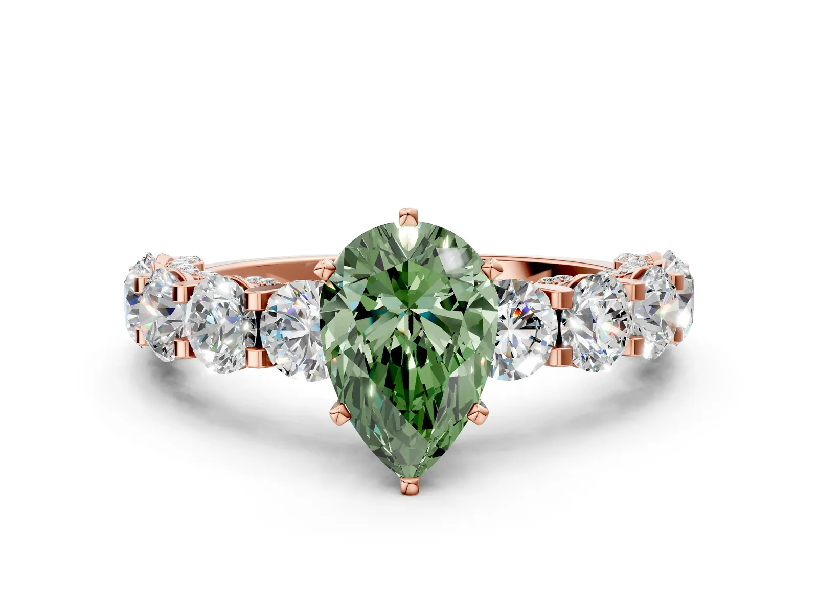 Fancy Green Pear Cut Diamond Side Stone Engagement Ring with Four-Prong Setting Rose gold