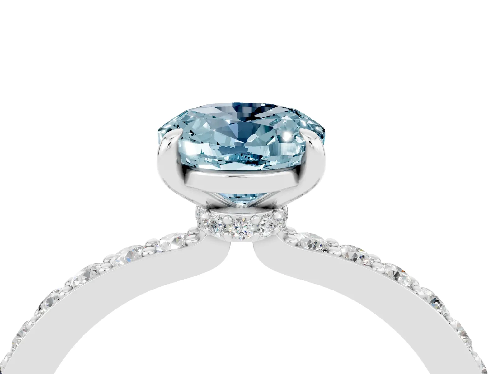 Oval Cut Aquamarine Solitaire Engagement Ring with Pavé Band and Four-Prong Setting Platinum