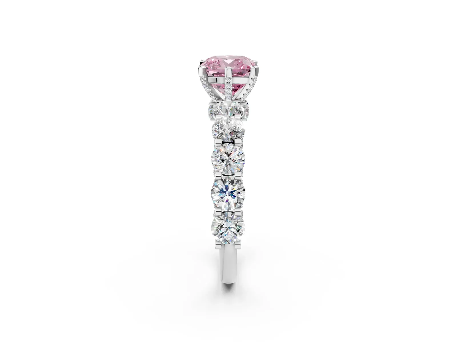 Fancy Pink Cushion Cut Diamond Side Stone Engagement Ring with Four-Prong Setting Platinum