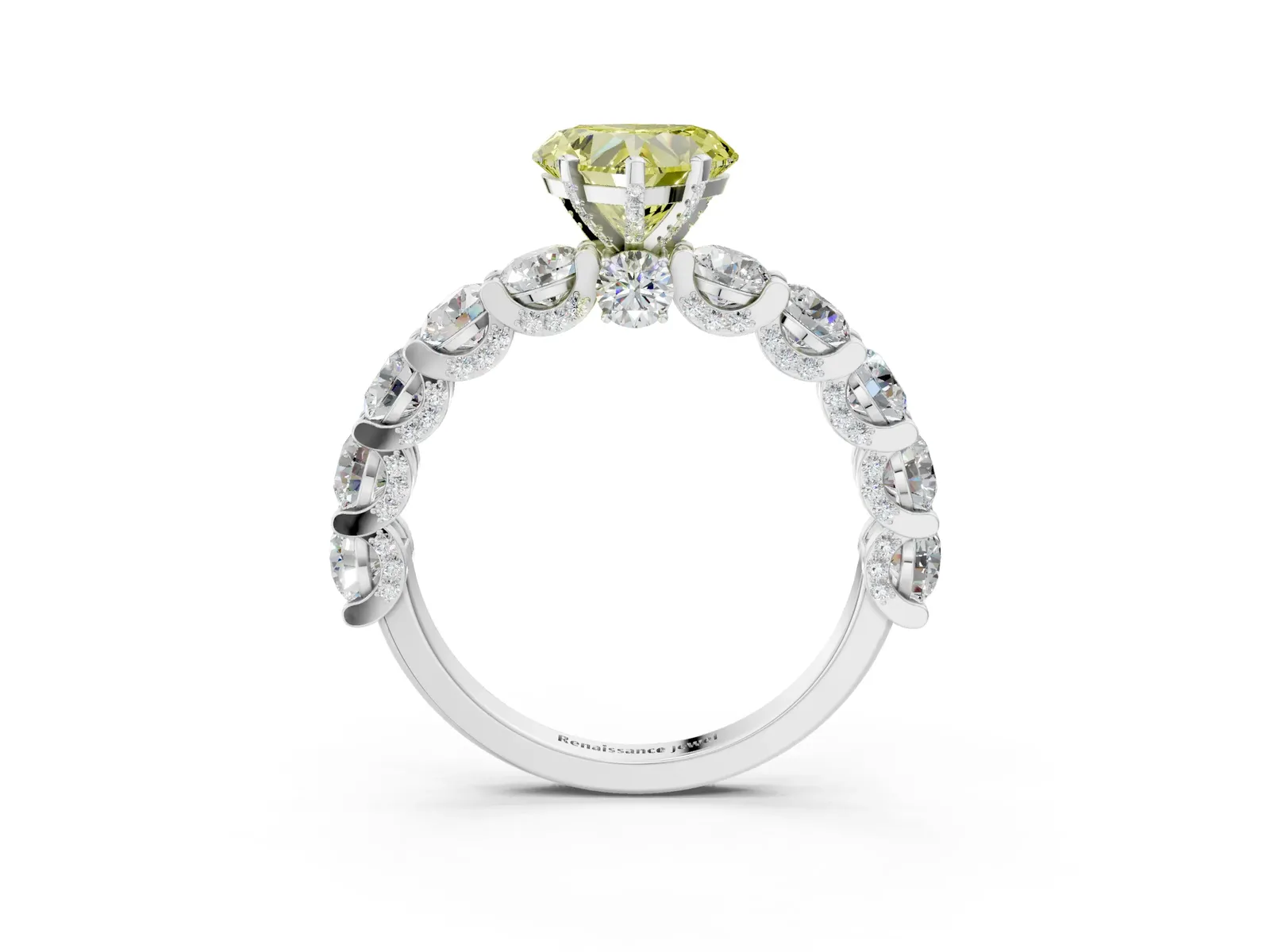 Fancy Yellow Heart Cut Diamond Side Stone Engagement Ring with Four-Prong Setting Silver