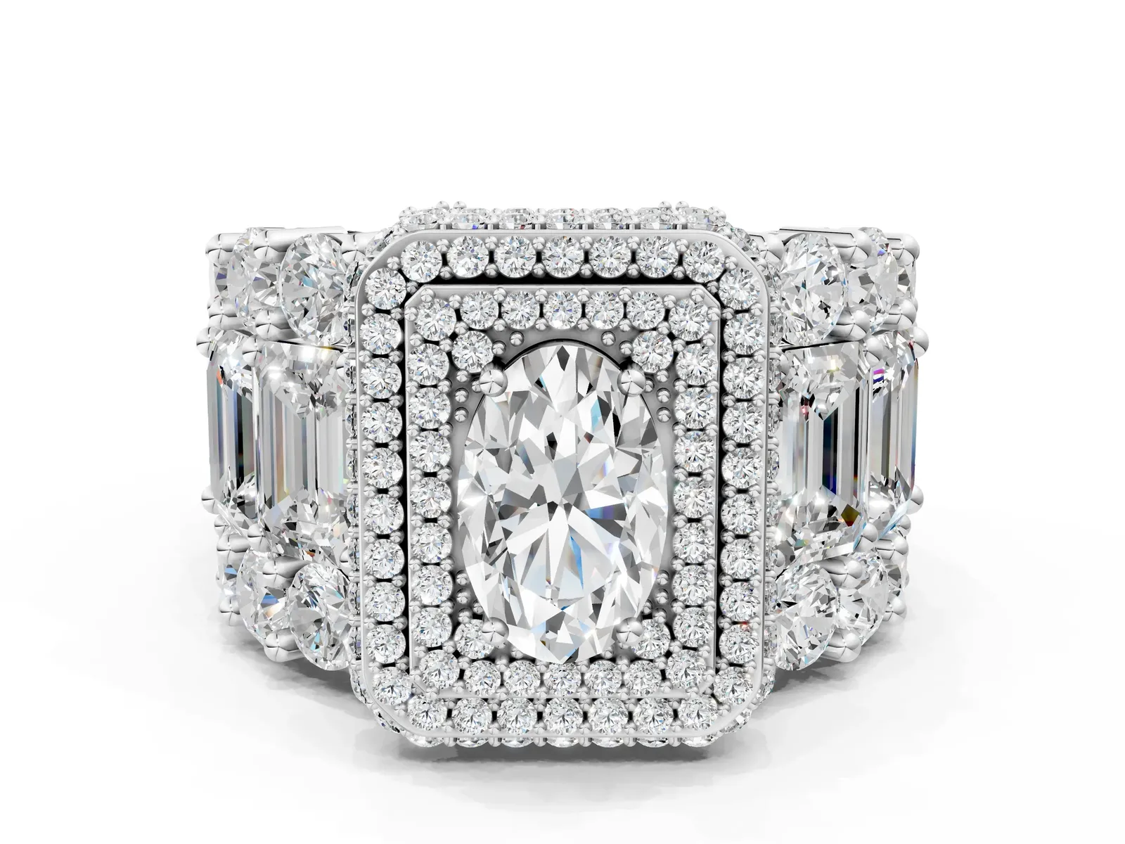 Oval Diamond Halo Mens Ring with Baguette Side Stones White gold